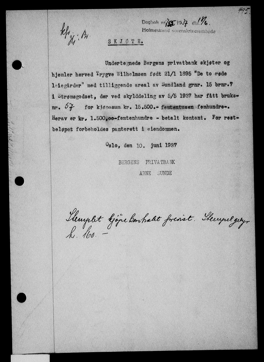 Holmestrand sorenskriveri, SAKO/A-67/G/Ga/Gaa/L0048: Pantebok nr. A-48, 1936-1937, Dagboknr: 755/1937