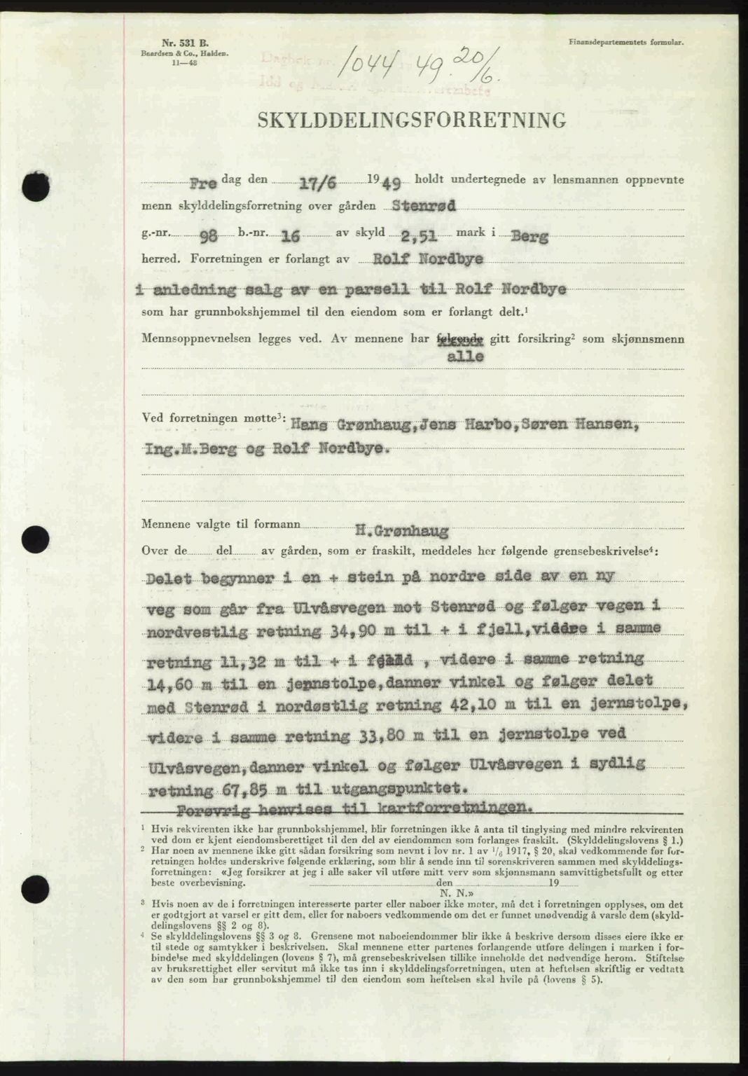 Idd og Marker sorenskriveri, SAO/A-10283/G/Gb/Gbb/L0012: Pantebok nr. A12, 1949-1949, Dagboknr: 1044/1949