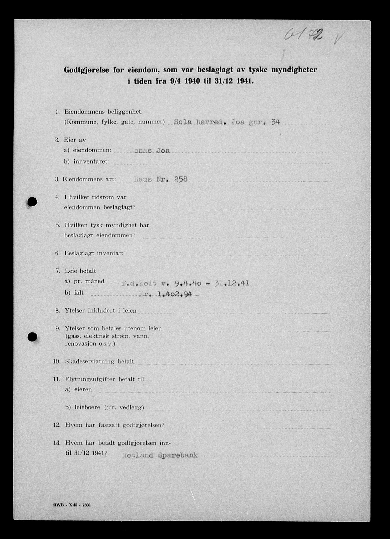 Justisdepartementet, Tilbakeføringskontoret for inndratte formuer, AV/RA-S-1564/I/L1014: Godtgjørelse for beslaglagt eiendom, 1940-1941, s. 386