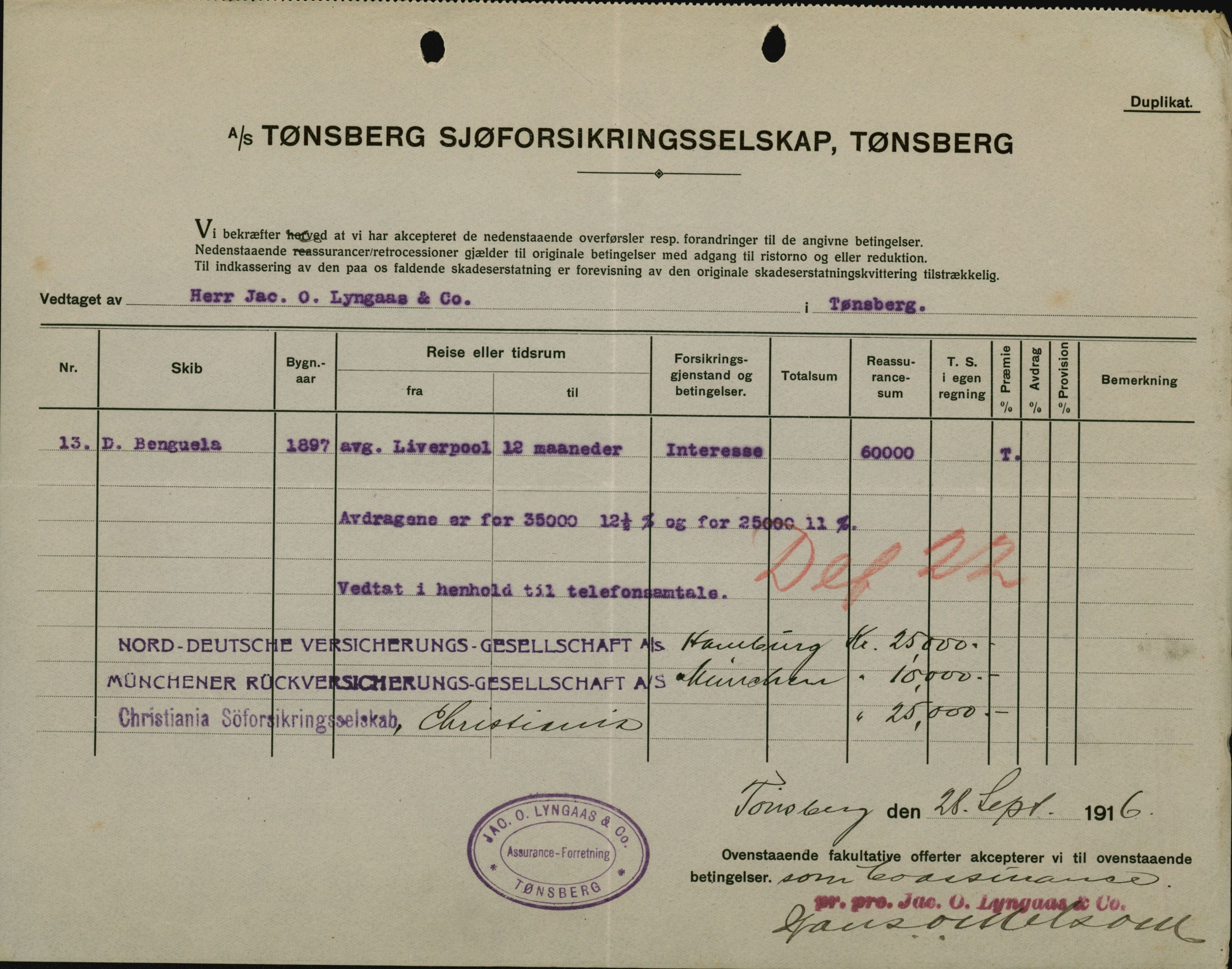 Pa 664 - Tønsberg Sjøforsikringsselskap, VEMU/A-1773/F/L0001: Forsikringspoliser, 1915-1918