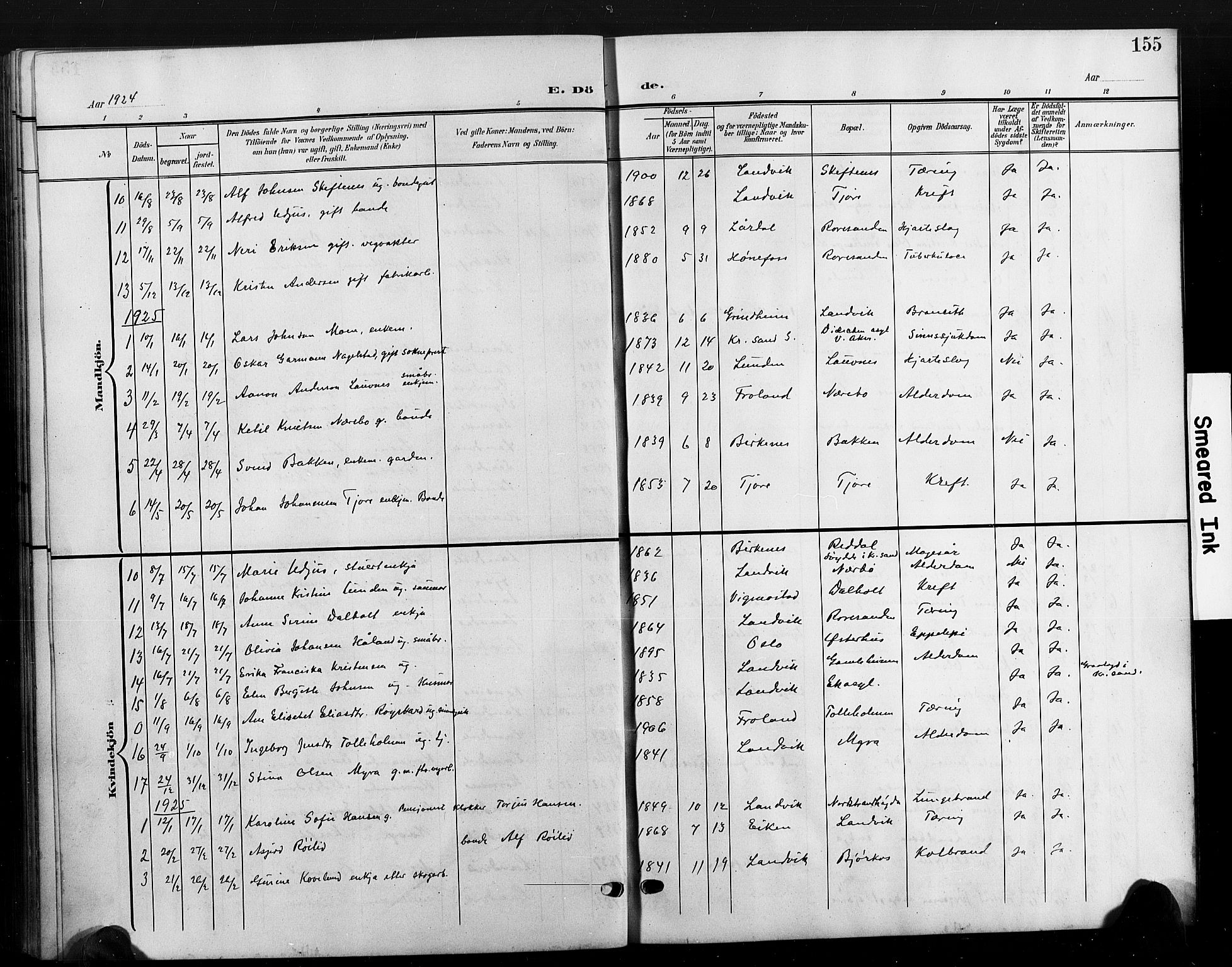 Hommedal sokneprestkontor, AV/SAK-1111-0023/F/Fb/Fbb/L0008: Klokkerbok nr. B 8, 1905-1929, s. 155
