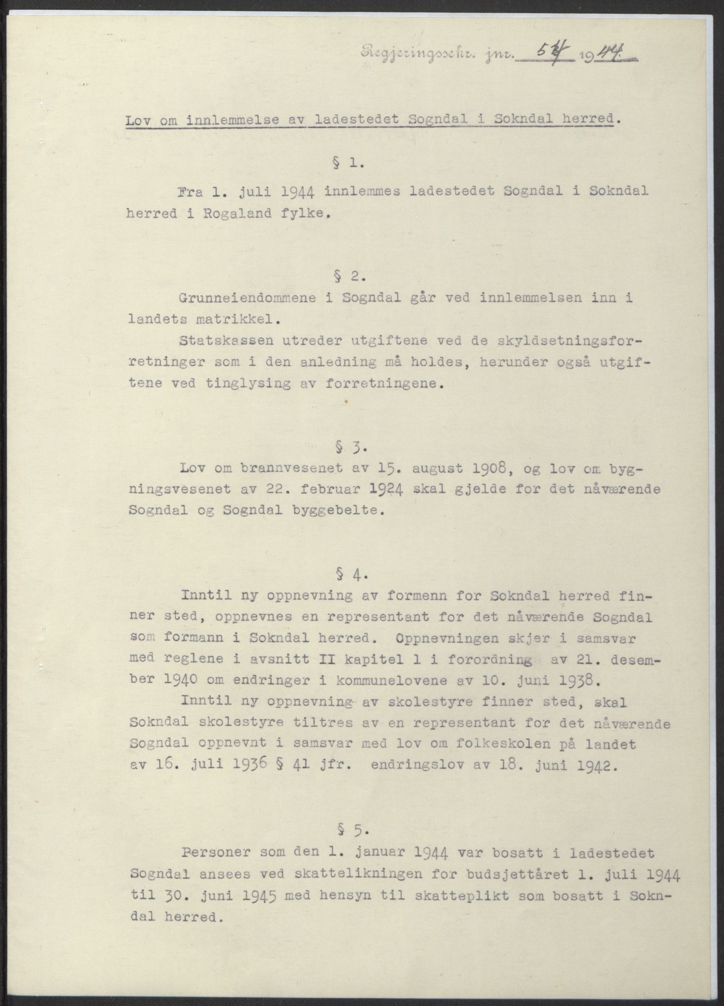 NS-administrasjonen 1940-1945 (Statsrådsekretariatet, de kommisariske statsråder mm), RA/S-4279/D/Db/L0100: Lover, 1944, s. 114