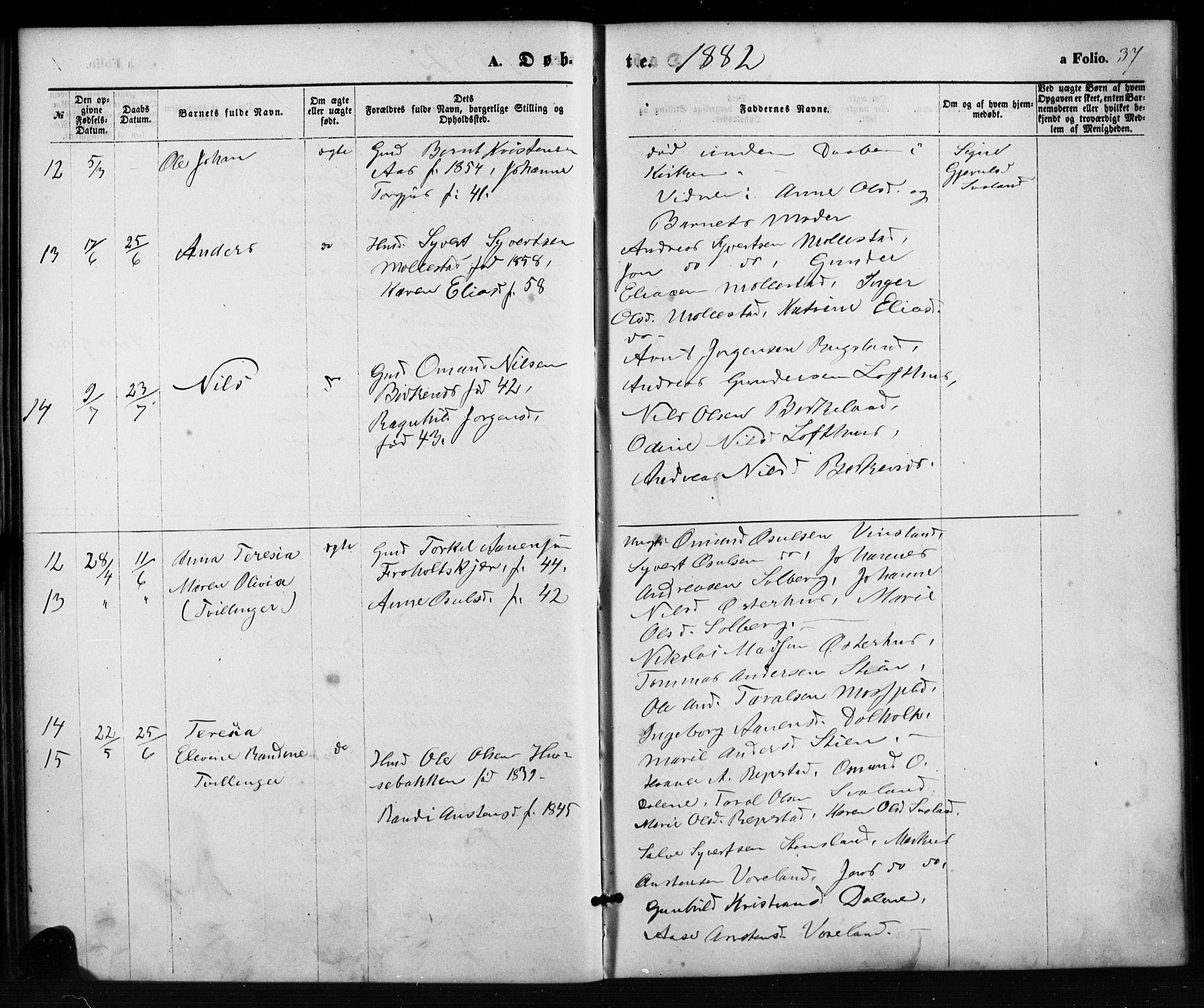 Birkenes sokneprestkontor, AV/SAK-1111-0004/F/Fb/L0003: Klokkerbok nr. B 3, 1876-1892, s. 37