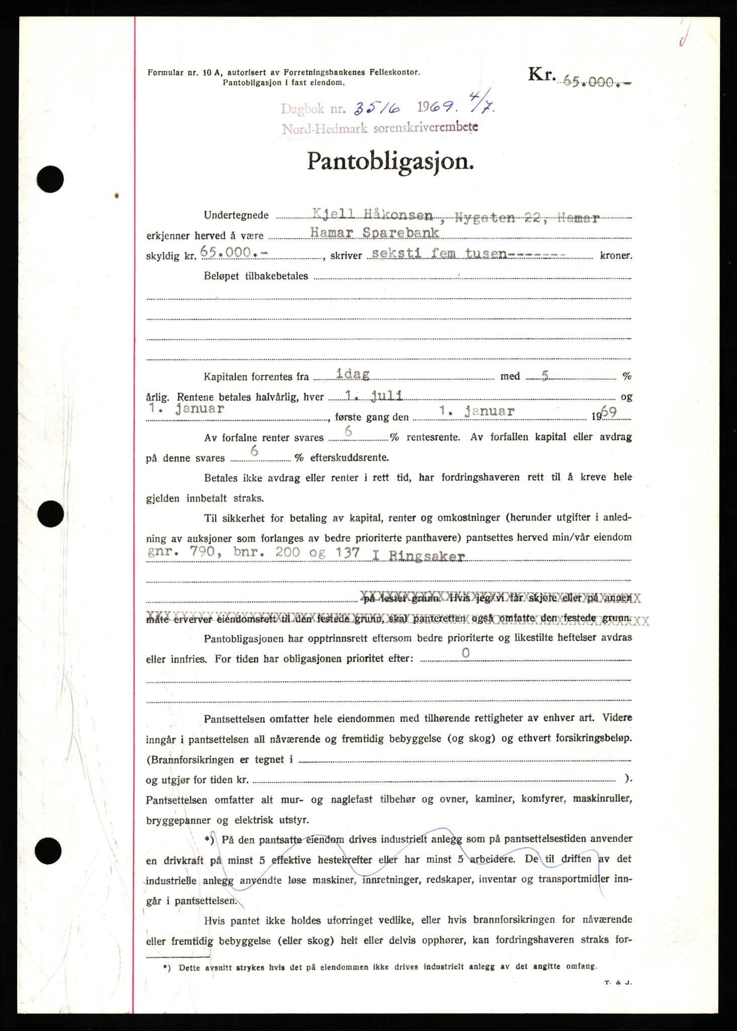 Nord-Hedmark sorenskriveri, SAH/TING-012/H/Hb/Hbf/L0080: Pantebok nr. B80, 1969-1969, Dagboknr: 3516/1969