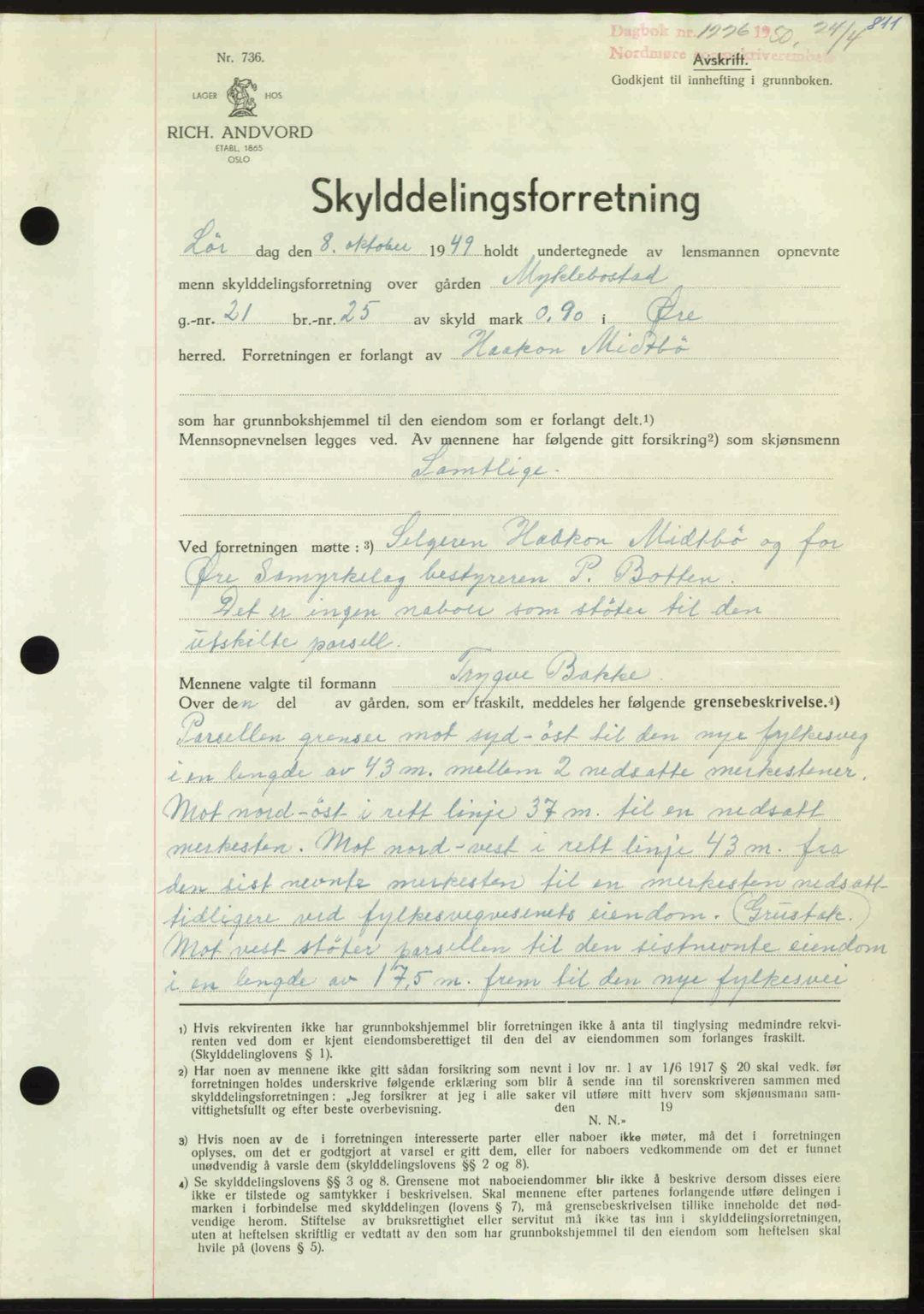 Nordmøre sorenskriveri, SAT/A-4132/1/2/2Ca: Pantebok nr. A114, 1950-1950, Dagboknr: 1226/1950