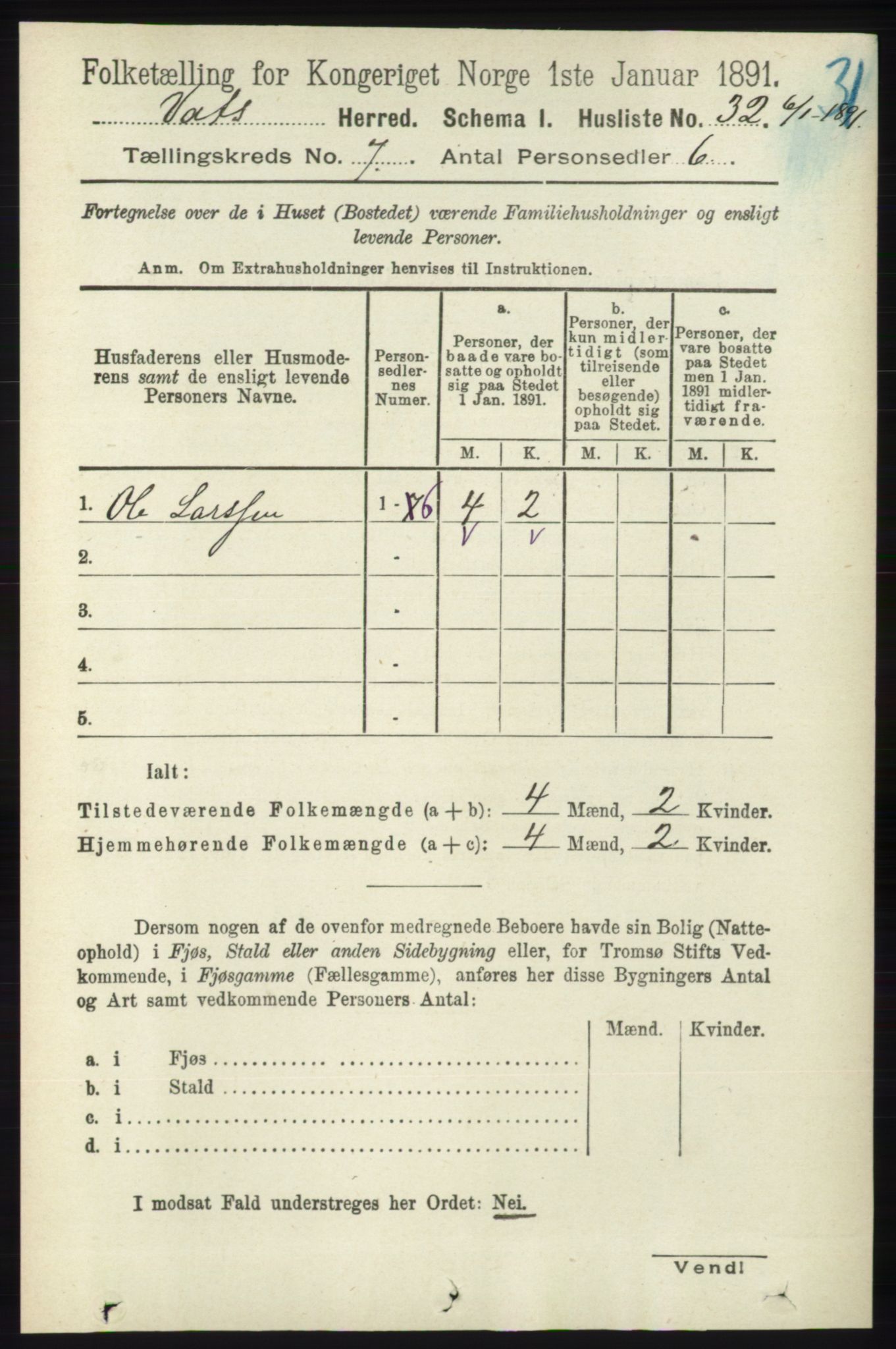 RA, Folketelling 1891 for 1155 Vats herred, 1891, s. 1091