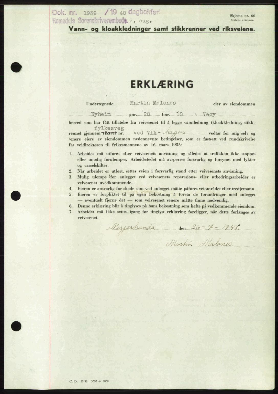 Romsdal sorenskriveri, SAT/A-4149/1/2/2C: Pantebok nr. A26, 1948-1948, Dagboknr: 1939/1948
