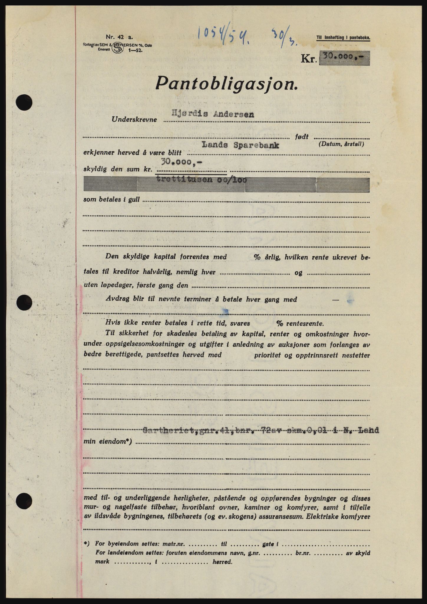 Hadeland og Land tingrett, SAH/TING-010/H/Hb/Hbc/L0029: Pantebok nr. B29, 1954-1954, Dagboknr: 1054/1954