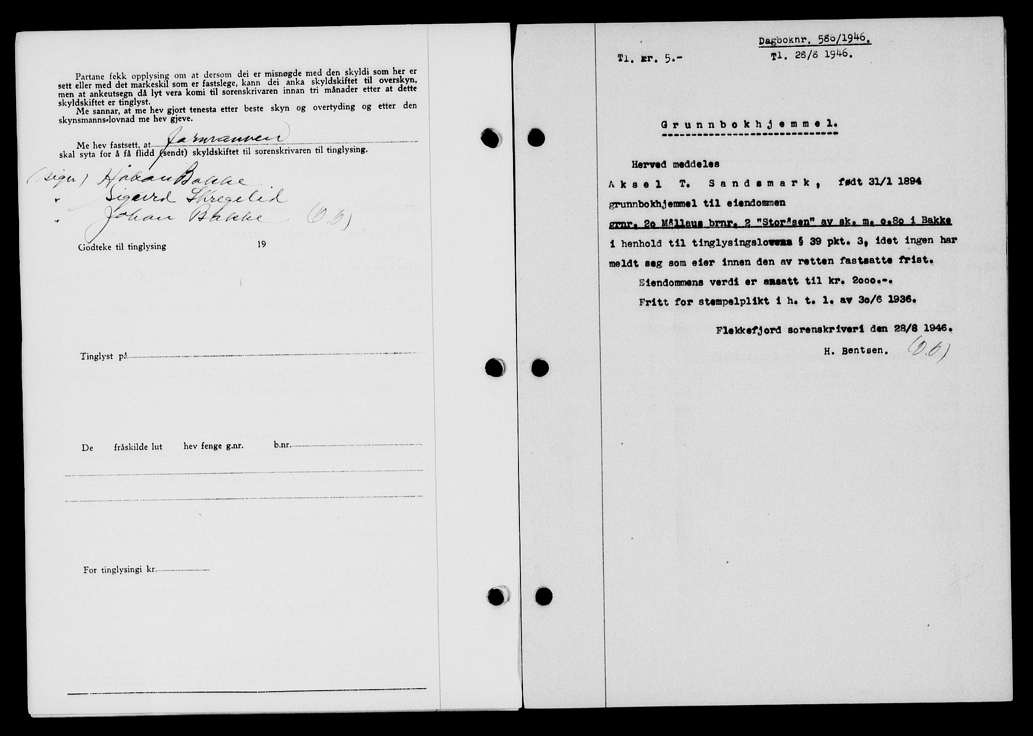 Flekkefjord sorenskriveri, SAK/1221-0001/G/Gb/Gba/L0060: Pantebok nr. A-8, 1945-1946, Dagboknr: 586/1946