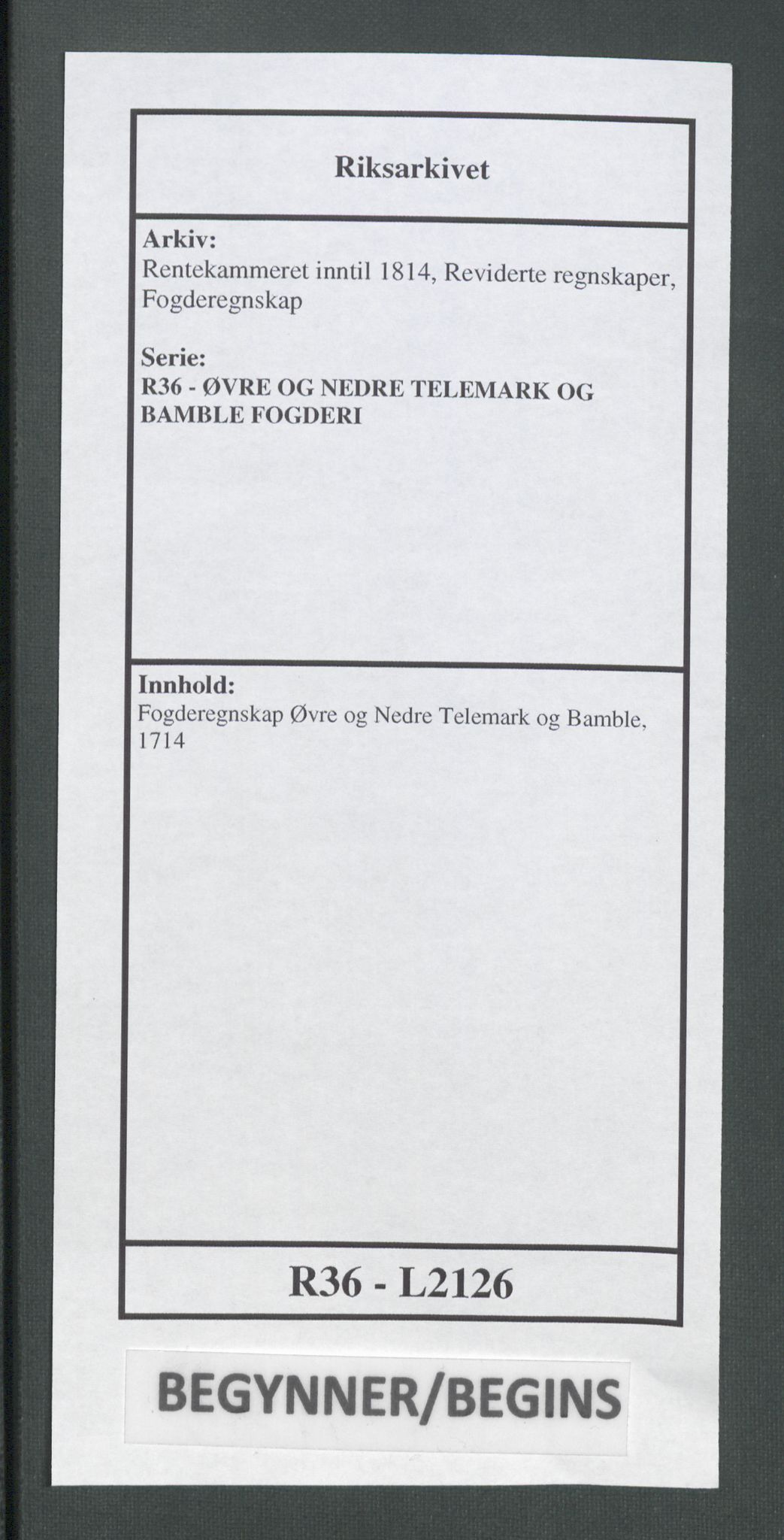 Rentekammeret inntil 1814, Reviderte regnskaper, Fogderegnskap, AV/RA-EA-4092/R36/L2126: Fogderegnskap Øvre og Nedre Telemark og Bamble, 1714, s. 1