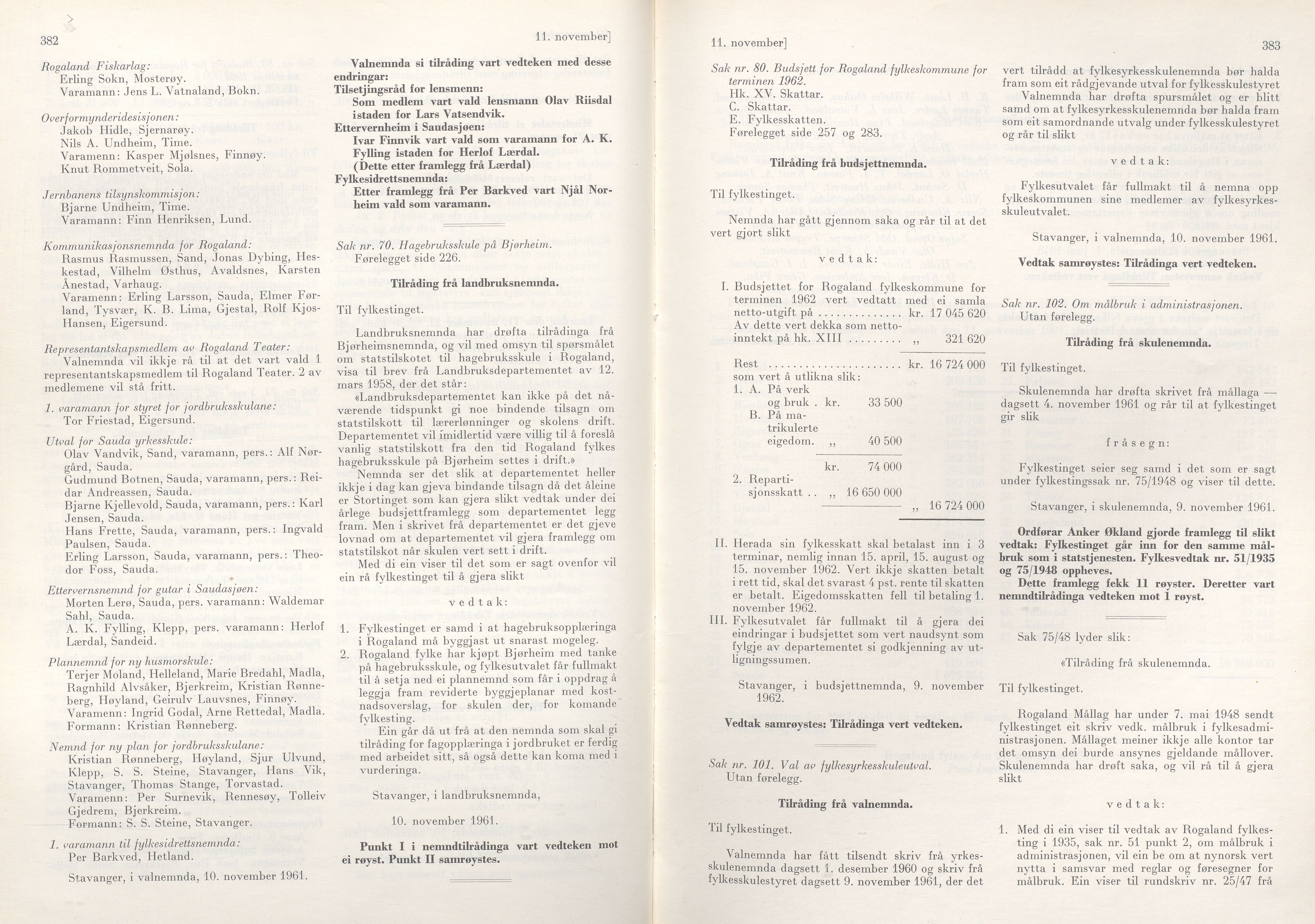 Rogaland fylkeskommune - Fylkesrådmannen , IKAR/A-900/A/Aa/Aaa/L0081: Møtebok , 1961, s. 382-383