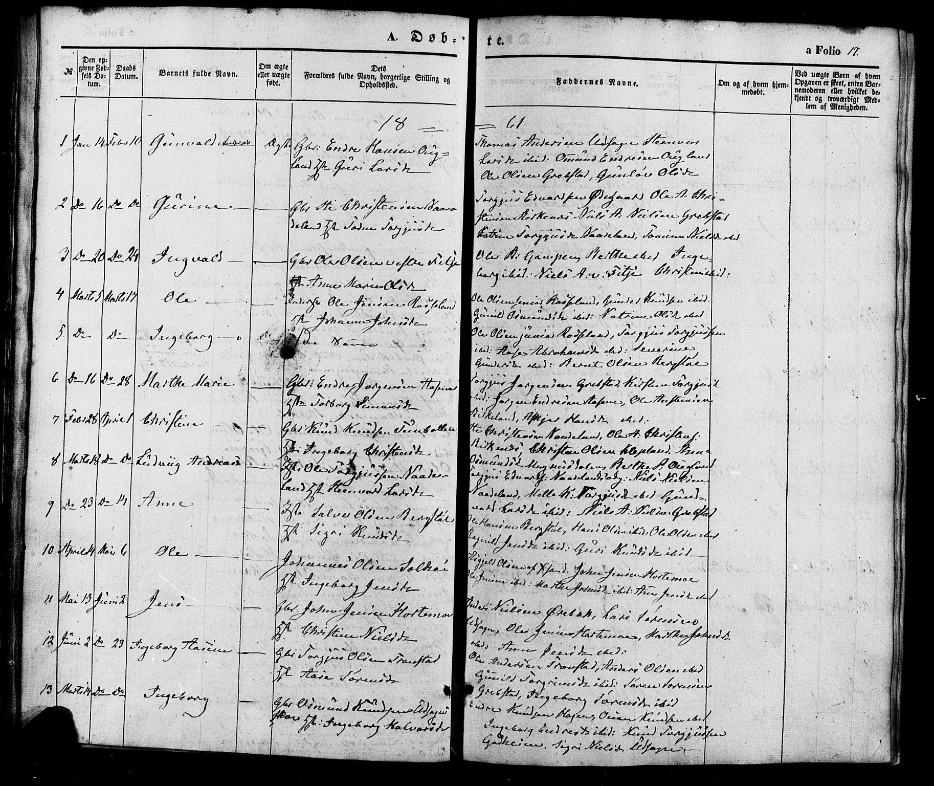 Søgne sokneprestkontor, AV/SAK-1111-0037/F/Fa/Faa/L0002: Ministerialbok nr. A 2, 1854-1882, s. 17