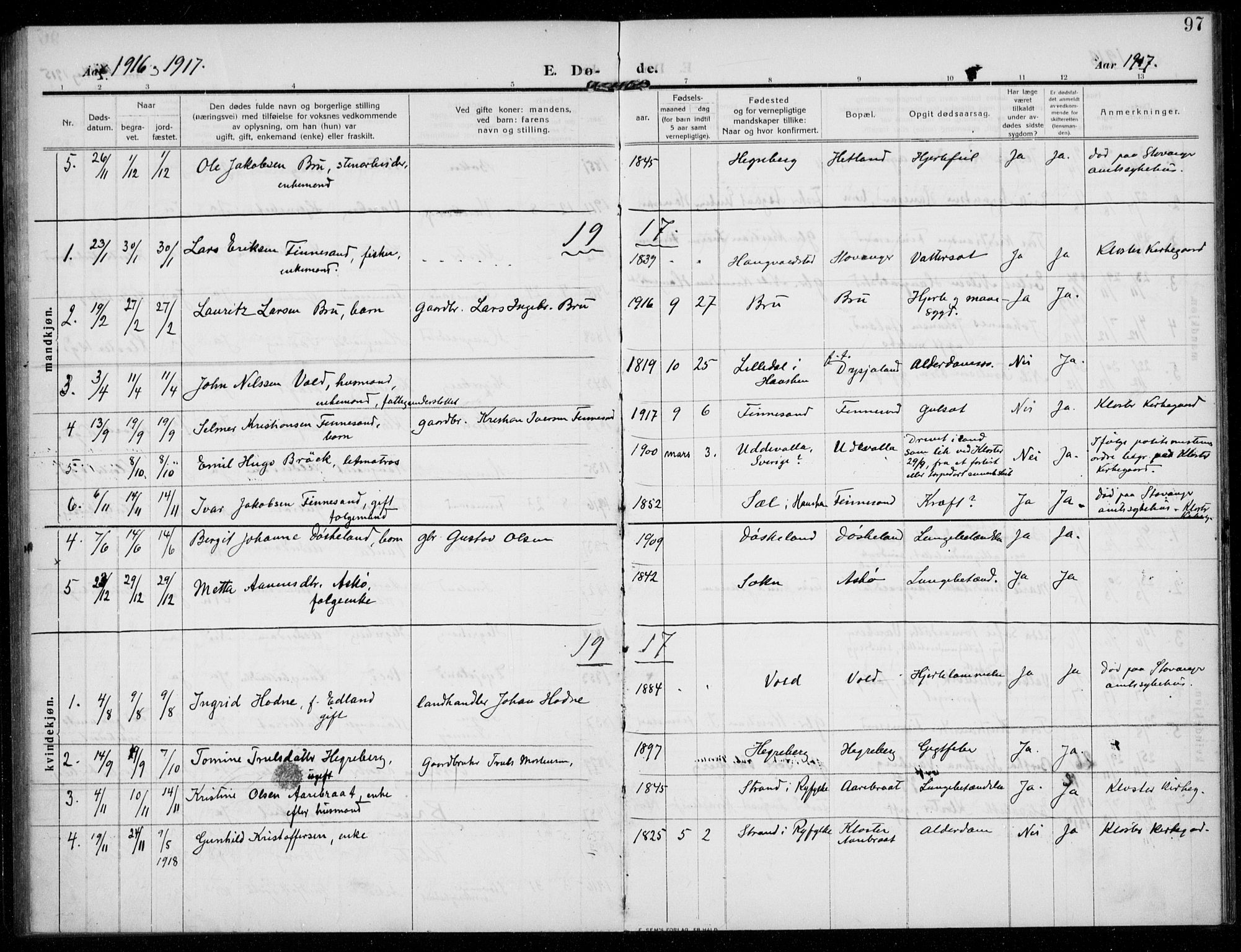 Rennesøy sokneprestkontor, AV/SAST-A -101827/H/Ha/Haa/L0017: Ministerialbok nr. A 17, 1908-1926, s. 97