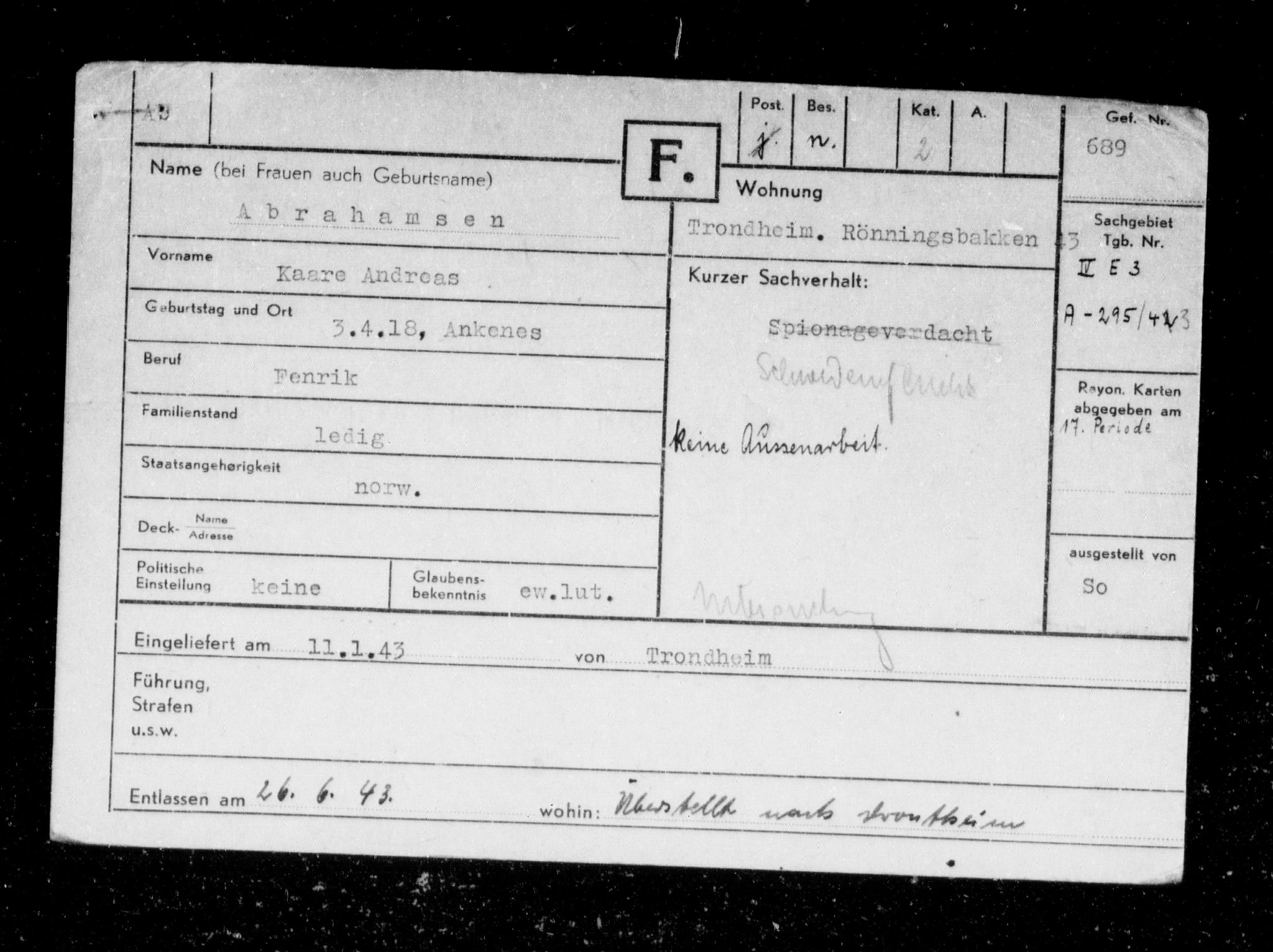 Befehlshaber der Sicherheitspolizei und des SD, AV/RA-RAFA-5969/F/Fc/L0002: Fangeregister Falstad: A - Brauten, 1941-1945