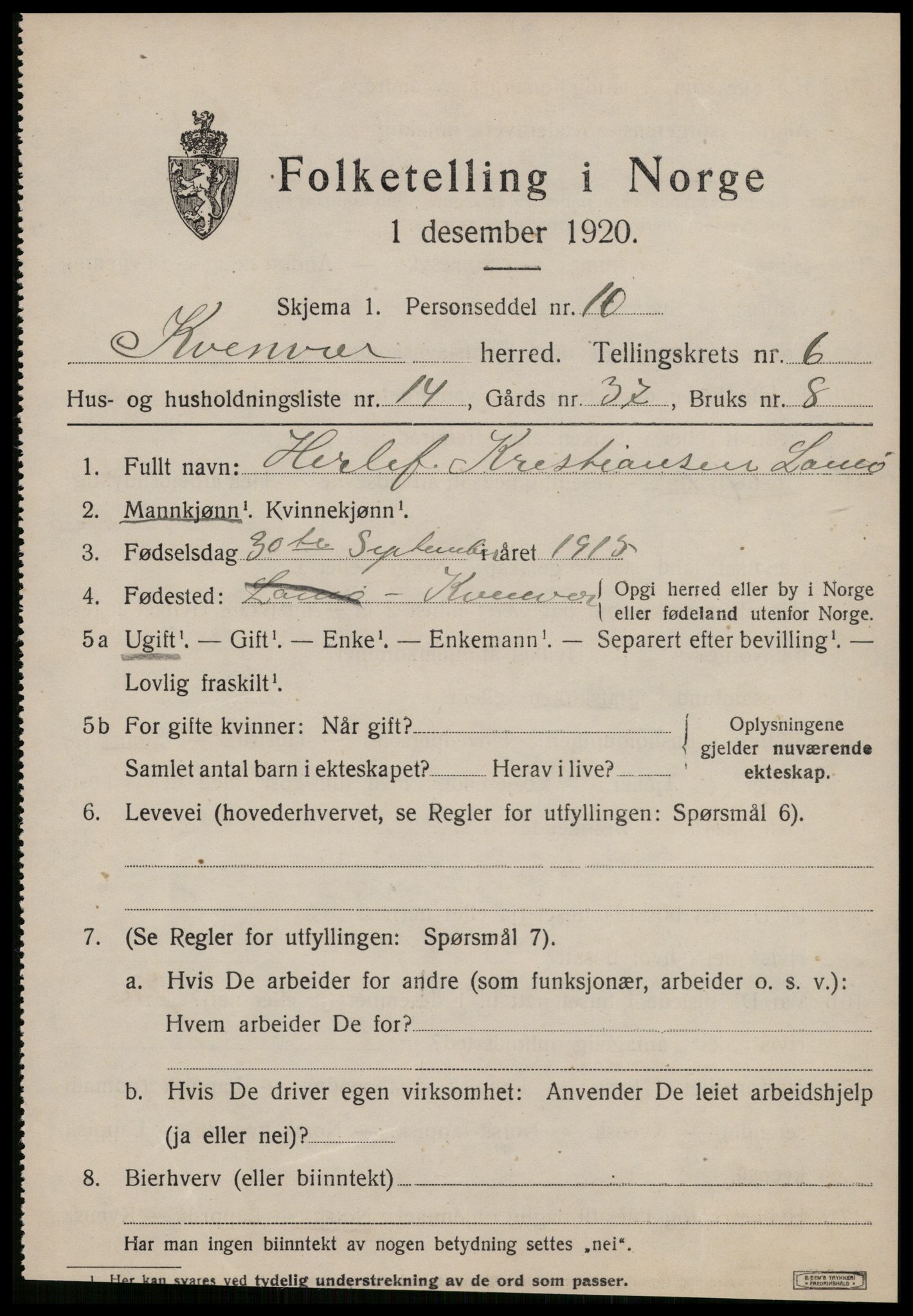 SAT, Folketelling 1920 for 1618 Kvenvær herred, 1920, s. 2282