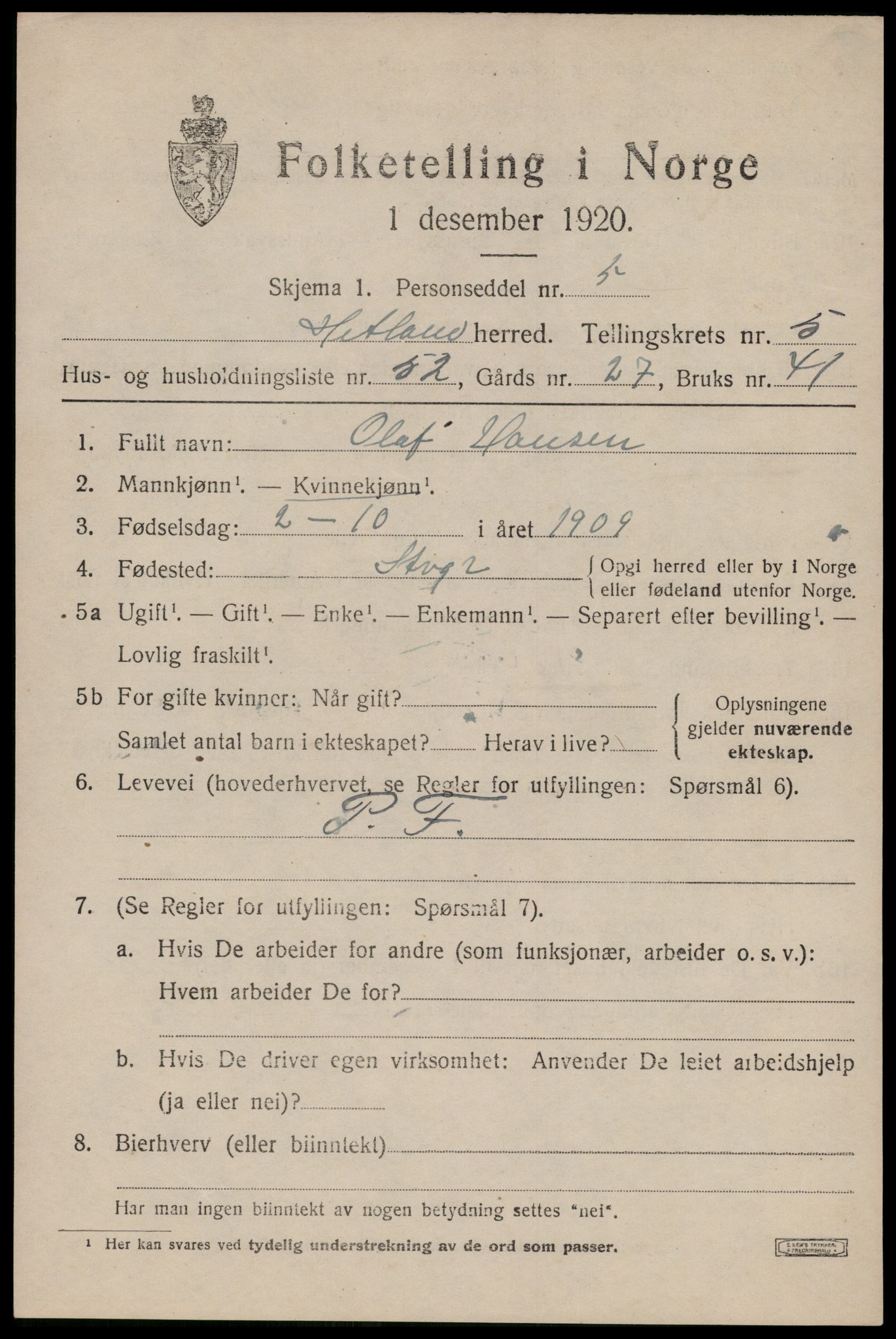 SAST, Folketelling 1920 for 1126 Hetland herred, 1920, s. 9099