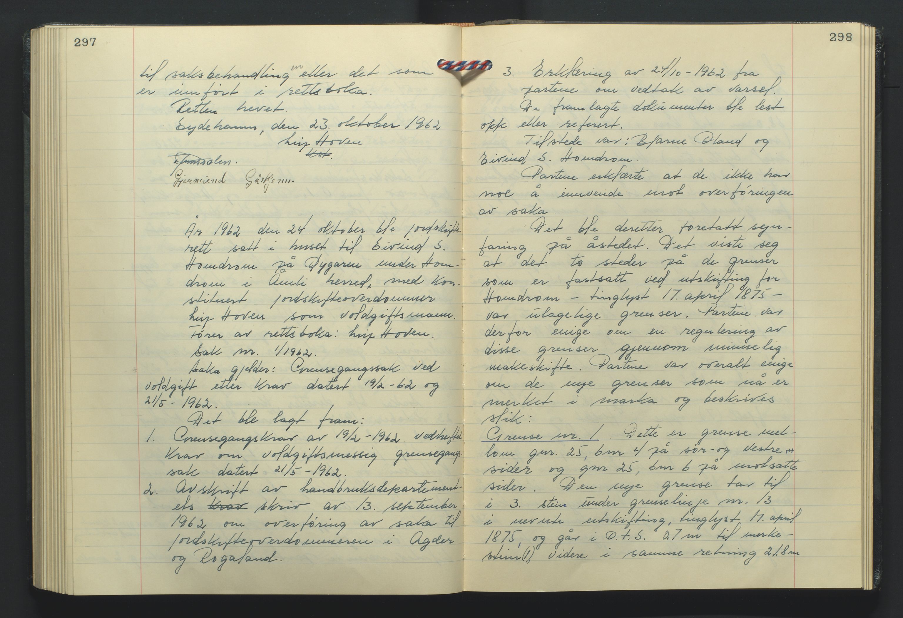 Nedenes jordskifterett, AV/SAK-1541-0007/F/Fa/Faa/L0001: Jordskifteprotokoll med gårdsregister, Nedenes domssokn nr 8, 1952-1972, s. 297-298