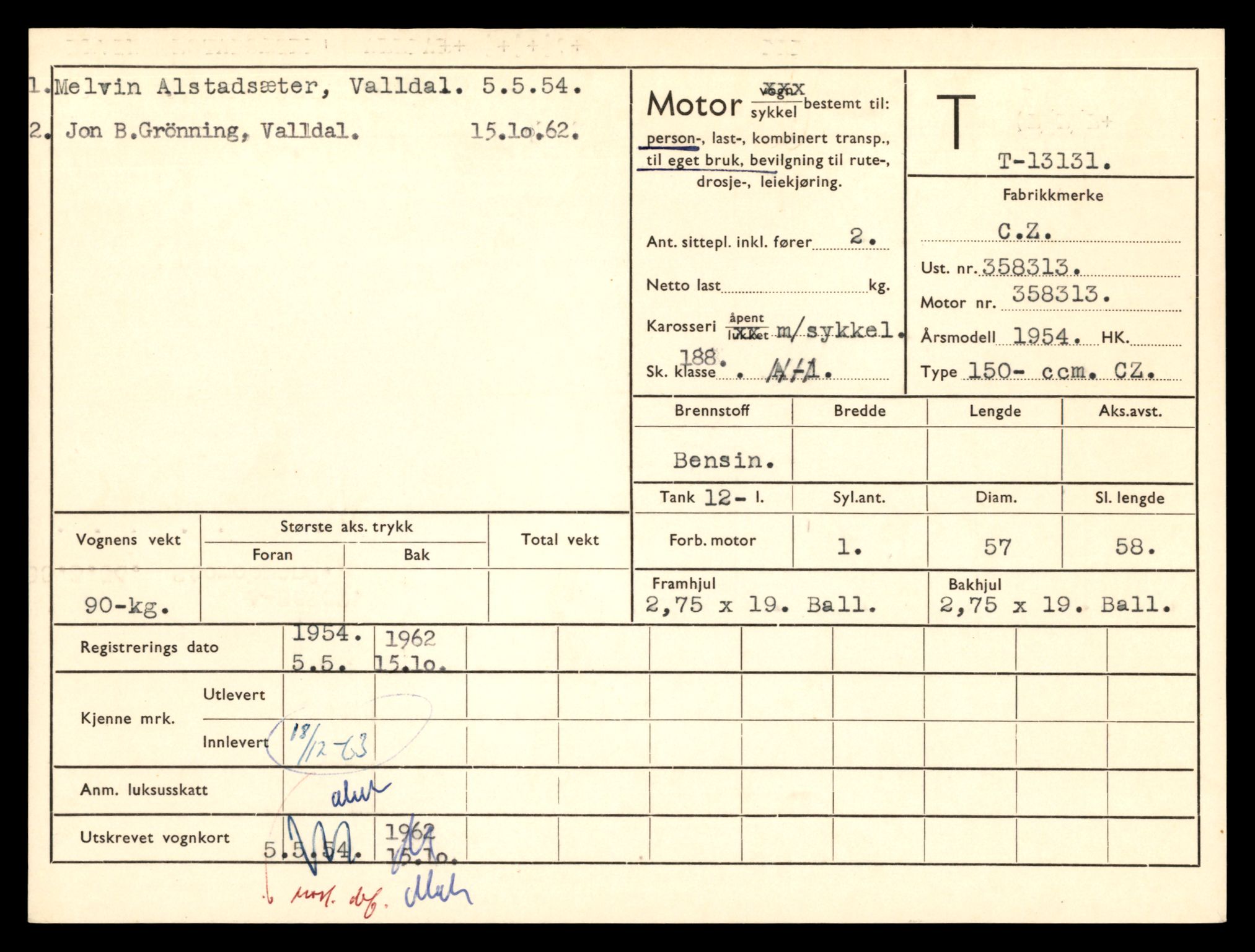 Møre og Romsdal vegkontor - Ålesund trafikkstasjon, AV/SAT-A-4099/F/Fe/L0037: Registreringskort for kjøretøy T 13031 - T 13179, 1927-1998, s. 2007