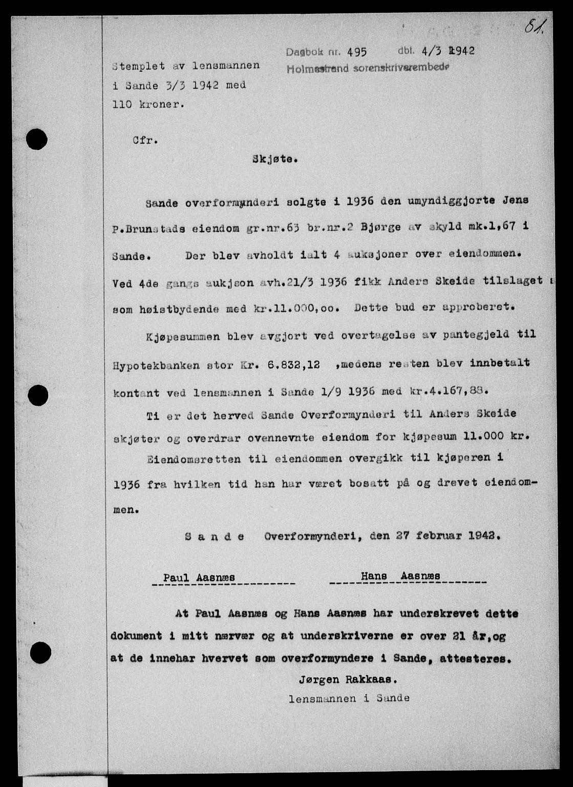 Holmestrand sorenskriveri, SAKO/A-67/G/Ga/Gaa/L0055: Pantebok nr. A-55, 1942-1942, Dagboknr: 495/1942