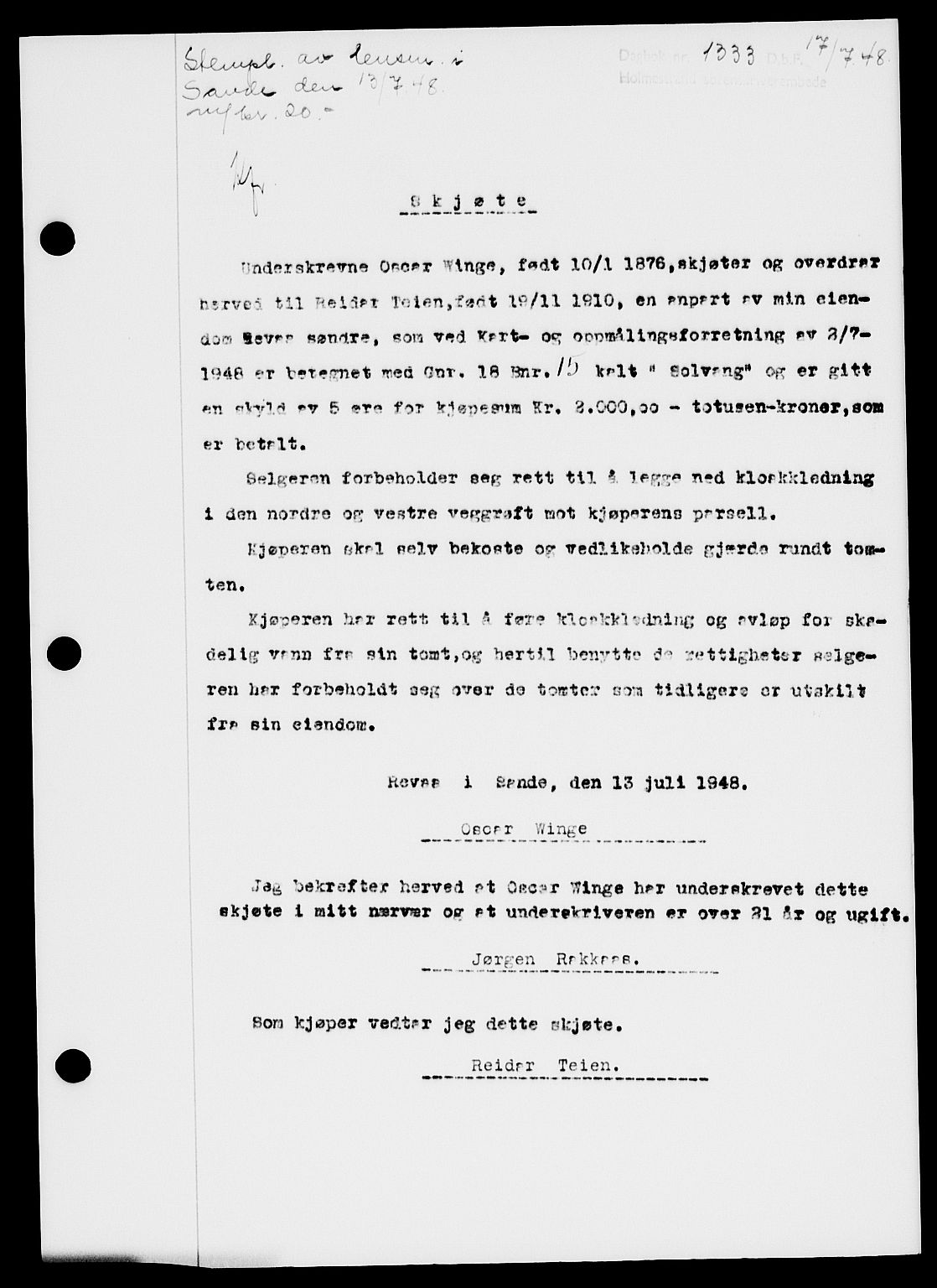 Holmestrand sorenskriveri, SAKO/A-67/G/Ga/Gaa/L0064: Pantebok nr. A-64, 1948-1948, Dagboknr: 1333/1948