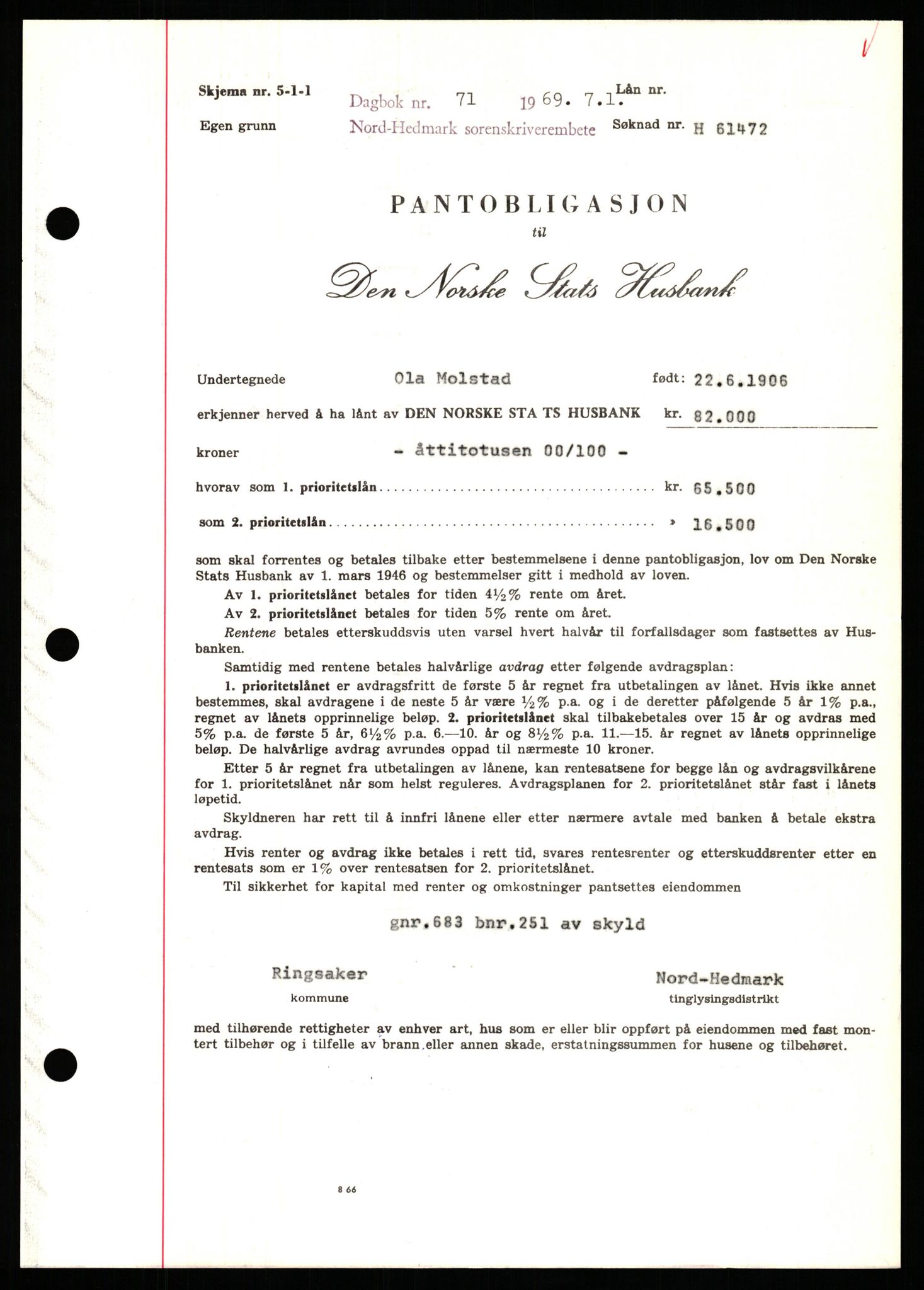 Nord-Hedmark sorenskriveri, SAH/TING-012/H/Hb/Hbf/L0077: Pantebok nr. B77, 1968-1969, Dagboknr: 71/1969