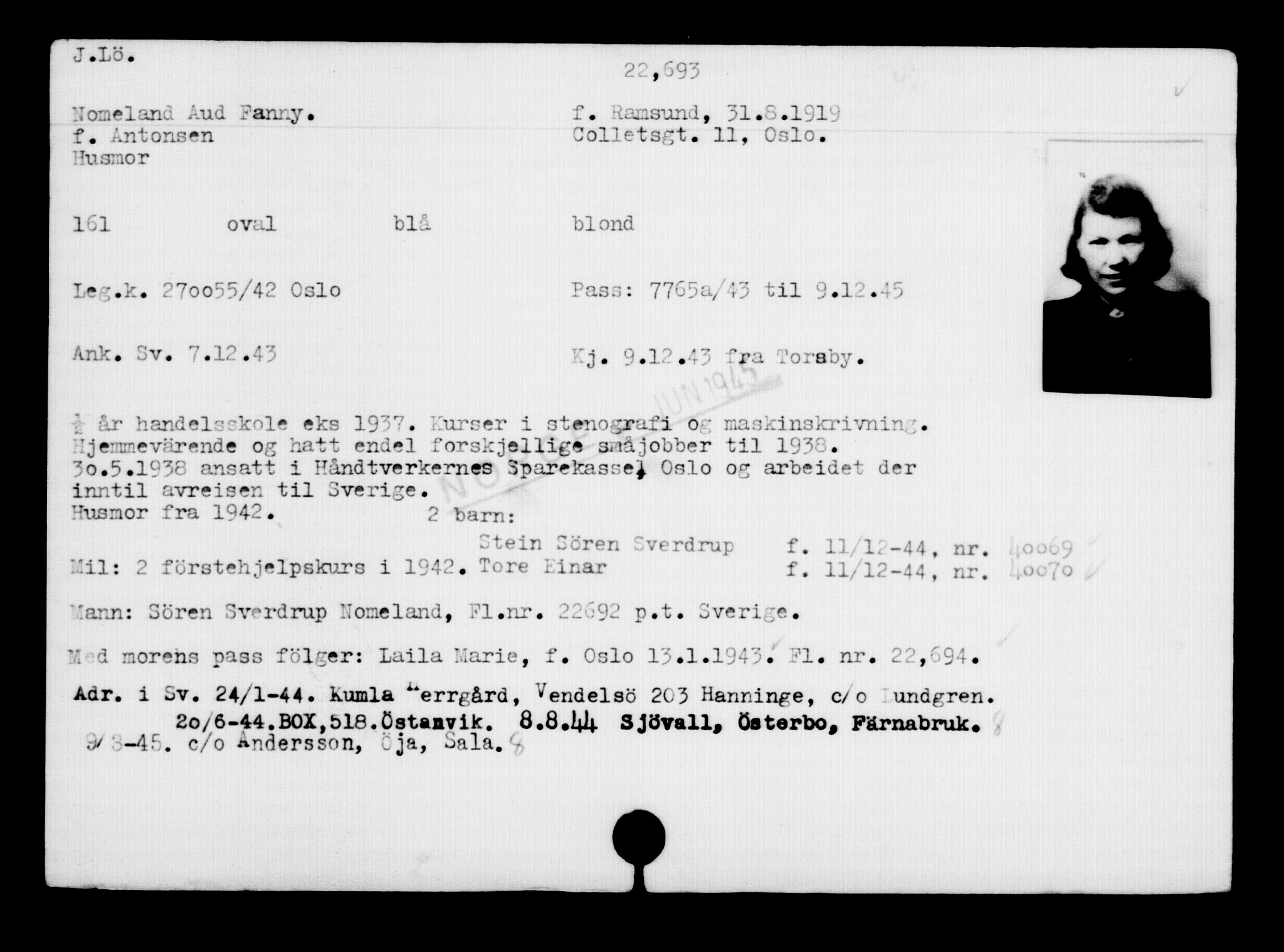 Utenriksstasjonene, Legasjonen i Stockholm, Flyktningkontoret, AV/RA-S-6753/V/Va/L0010: Kjesäterkartoteket, flyktninger med registreringsnr. 22000-25314, 1940-1945, s. 765