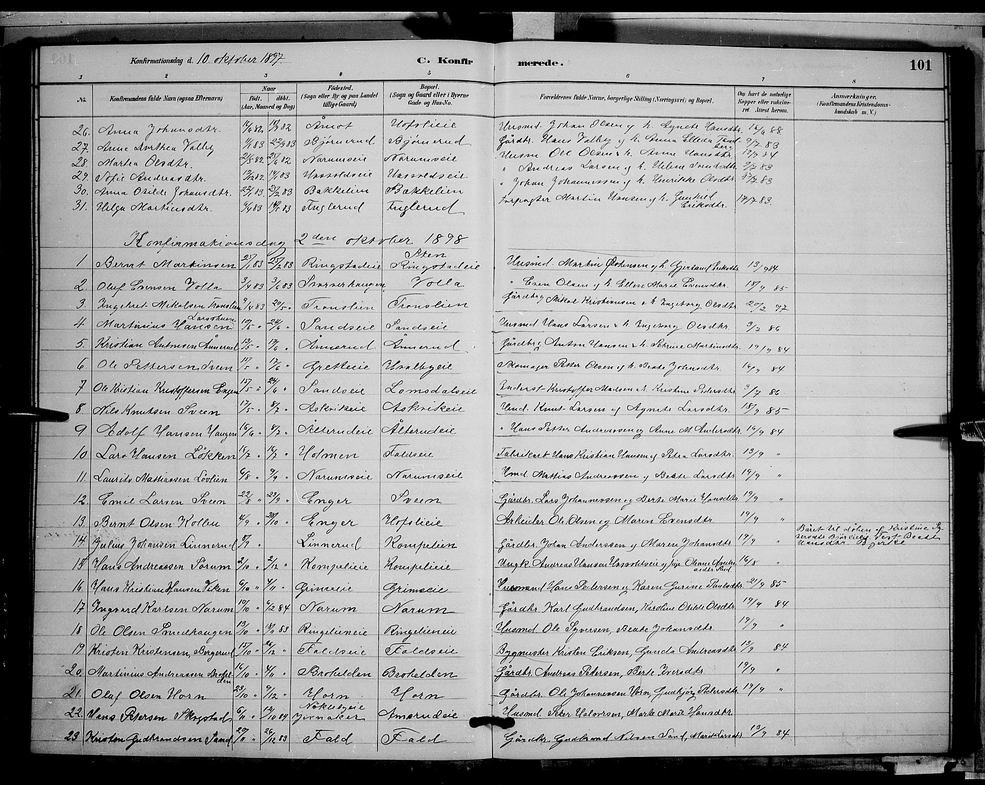 Søndre Land prestekontor, AV/SAH-PREST-122/L/L0002: Klokkerbok nr. 2, 1884-1900, s. 101