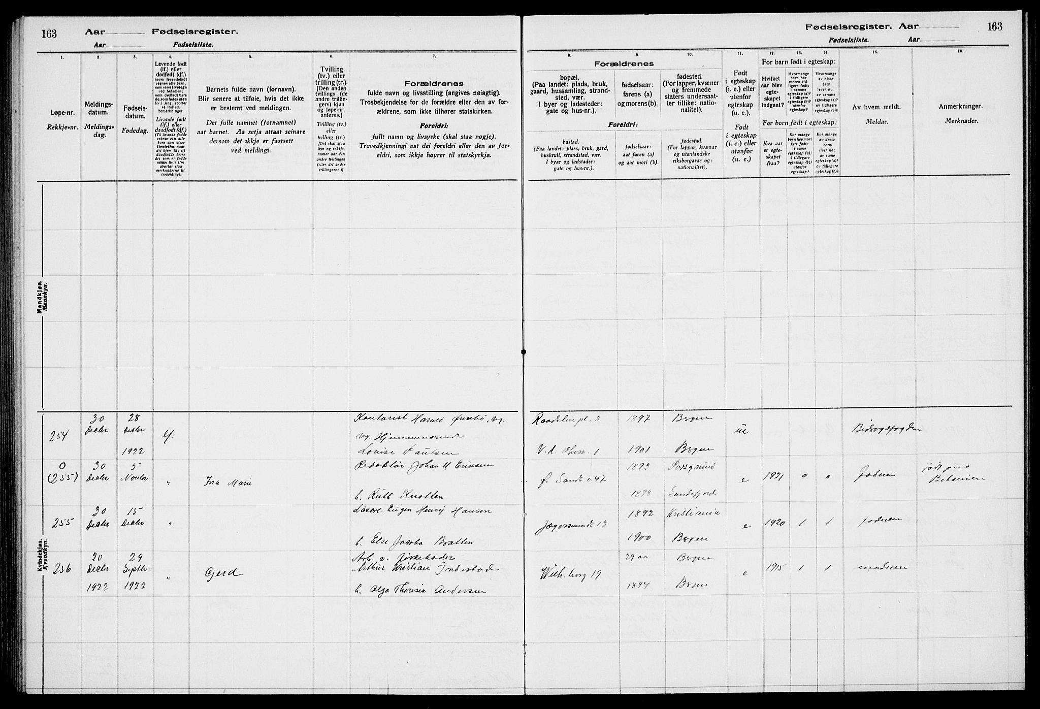 Sandviken Sokneprestembete, AV/SAB-A-77601/I/Ib/L00A2: Fødselsregister nr. A 2, 1920-1923, s. 163