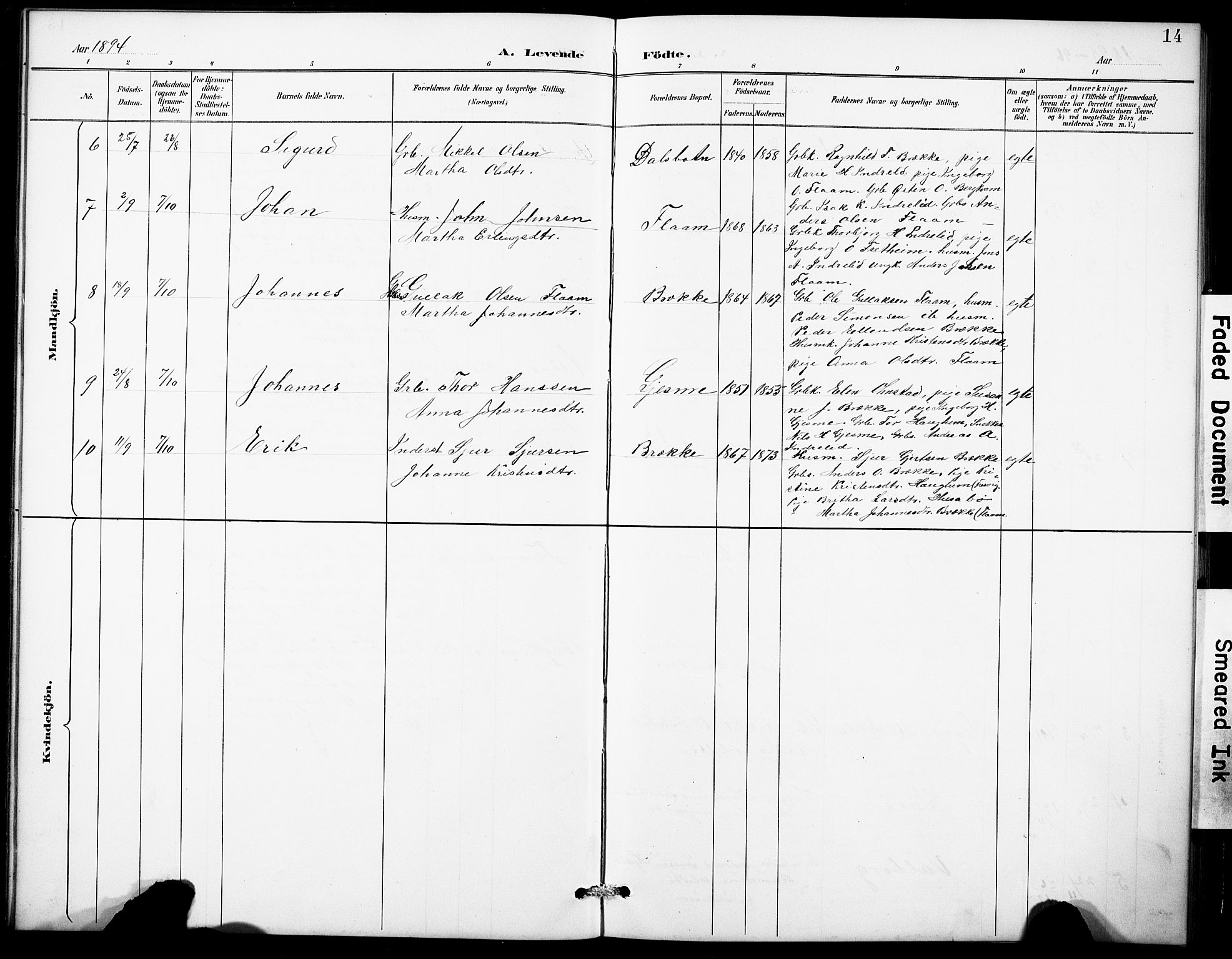 Aurland sokneprestembete, SAB/A-99937/H/Hb/Hbb/L0002: Klokkerbok nr. B 2, 1887-1929, s. 14