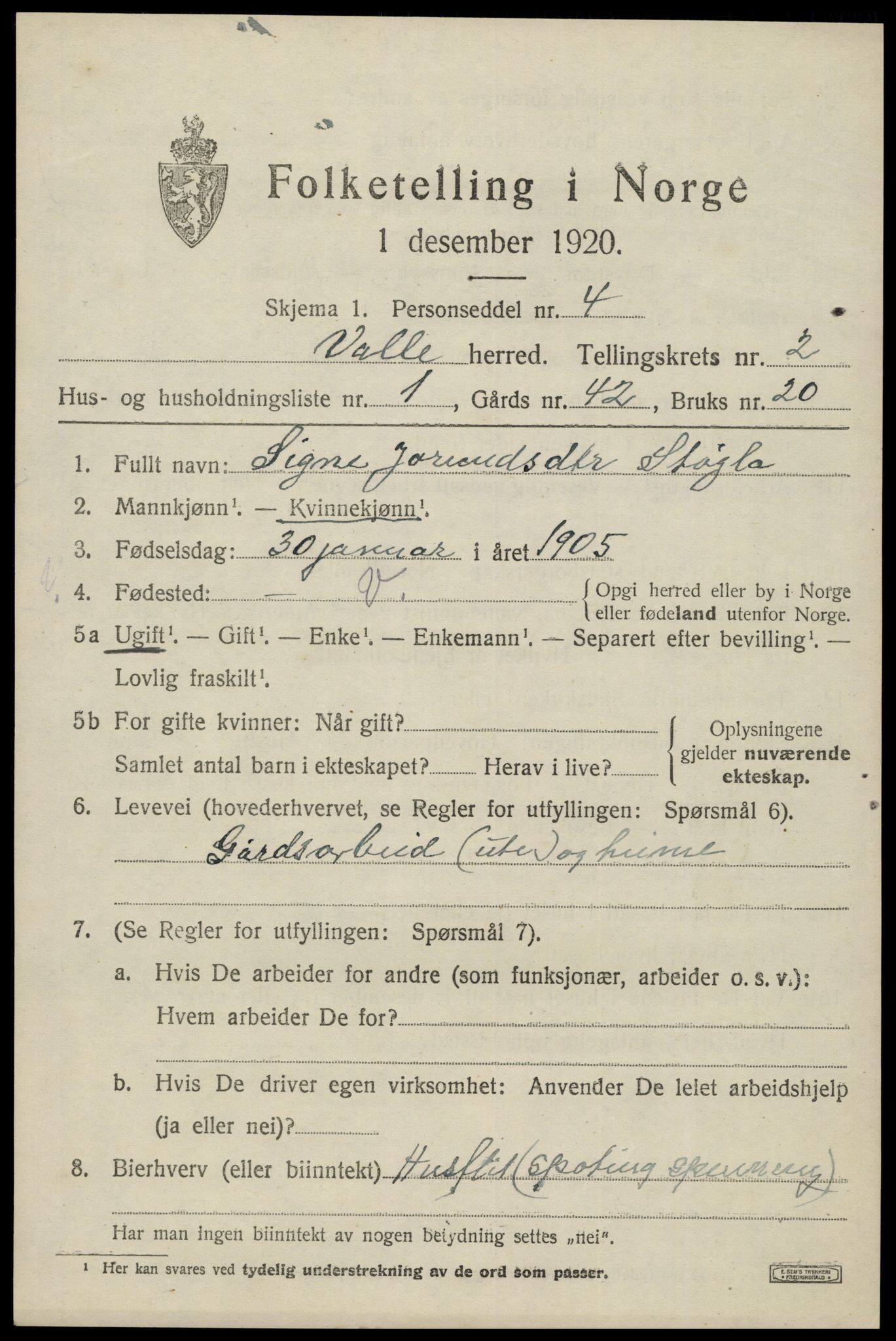 SAK, Folketelling 1920 for 0940 Valle herred, 1920, s. 959