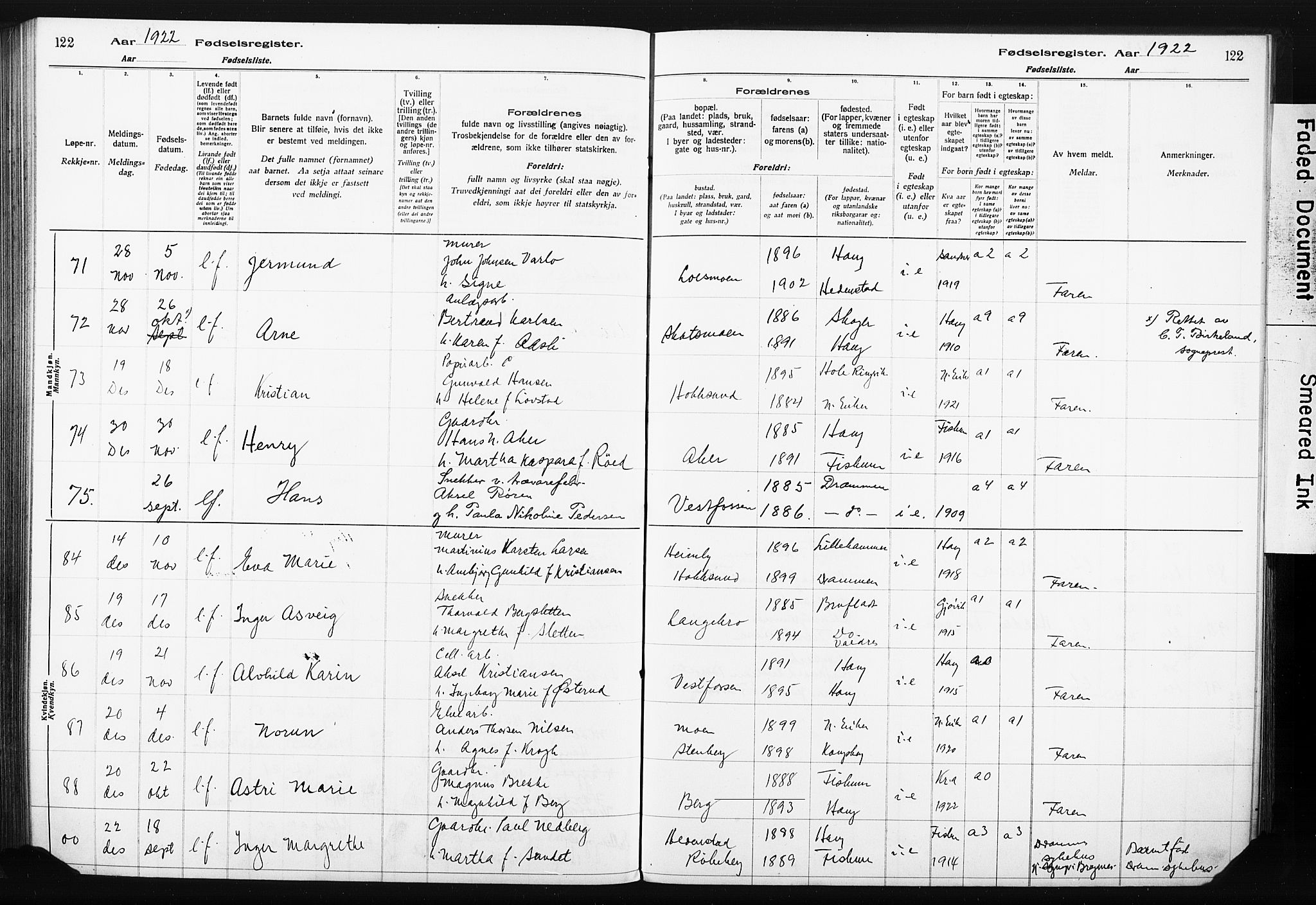 Eiker kirkebøker, AV/SAKO-A-4/J/Ja/L0001: Fødselsregister nr. I 1, 1916-1927, s. 122