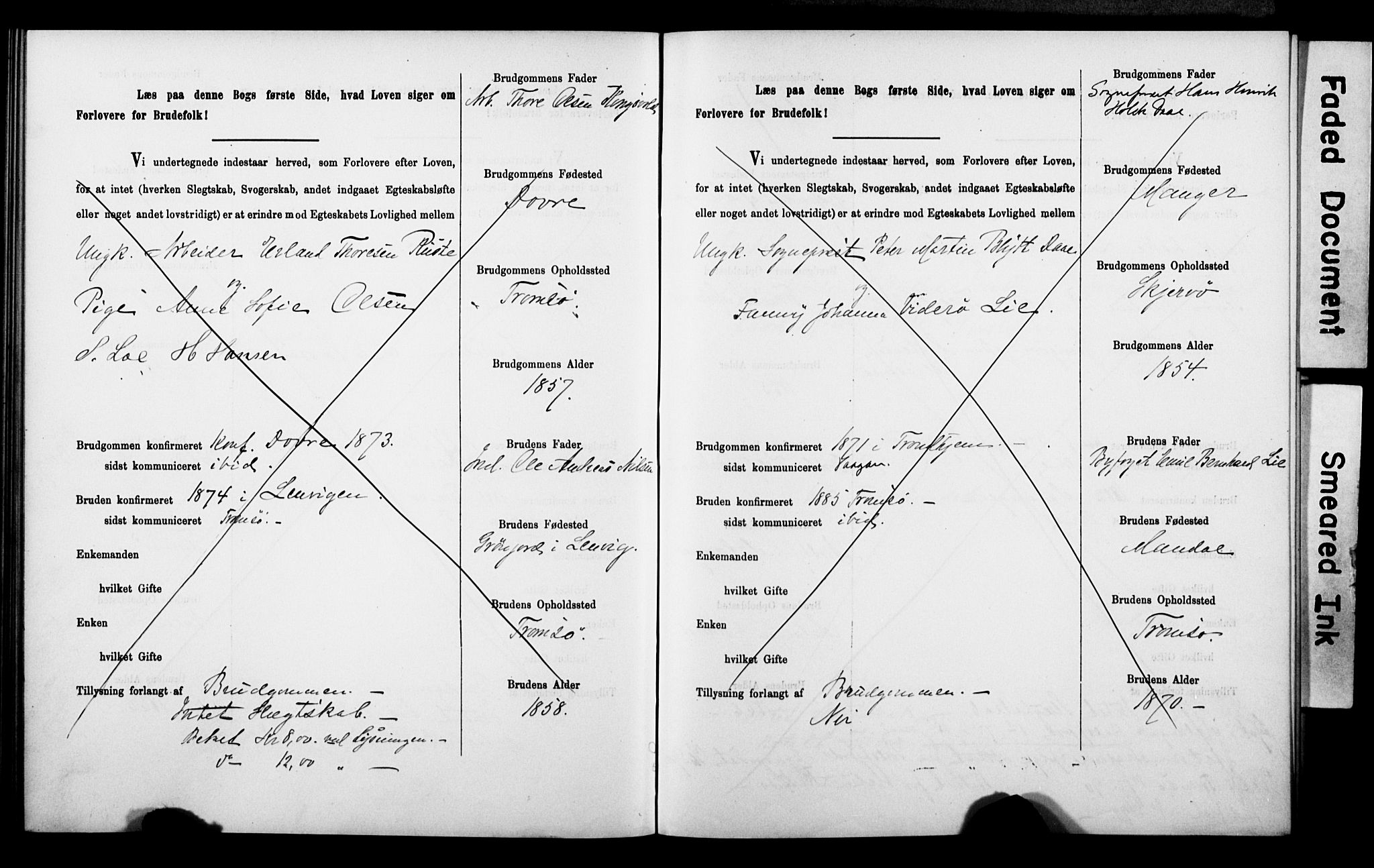 Tromsø sokneprestkontor/stiftsprosti/domprosti, AV/SATØ-S-1343/H/Hc/L0099/0001: Lysningsprotokoll nr. 99.1, 1886-1892