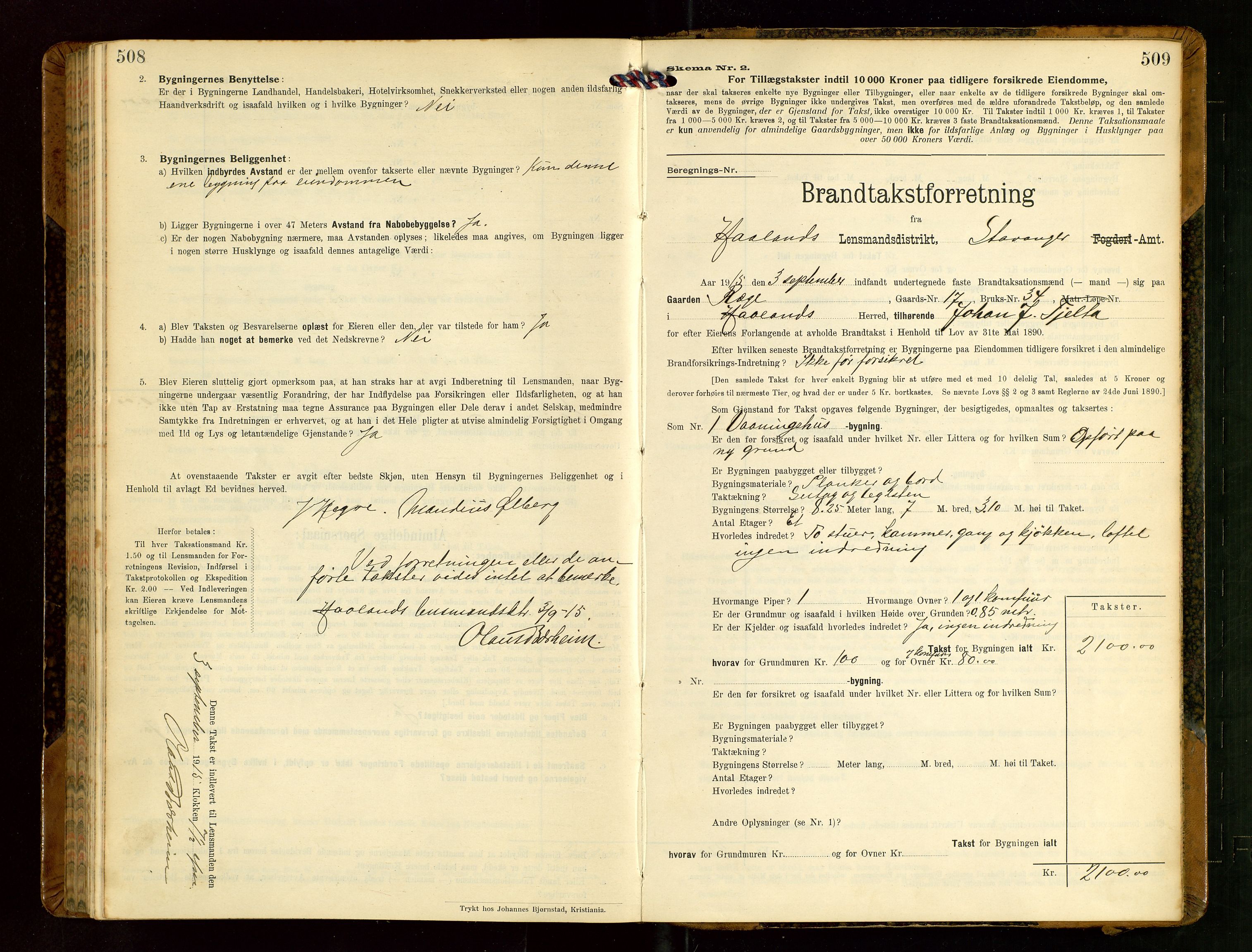 Håland lensmannskontor, AV/SAST-A-100100/Gob/L0004: Branntakstprotokoll - skjematakst. Register i boken., 1913-1915, s. 508-509