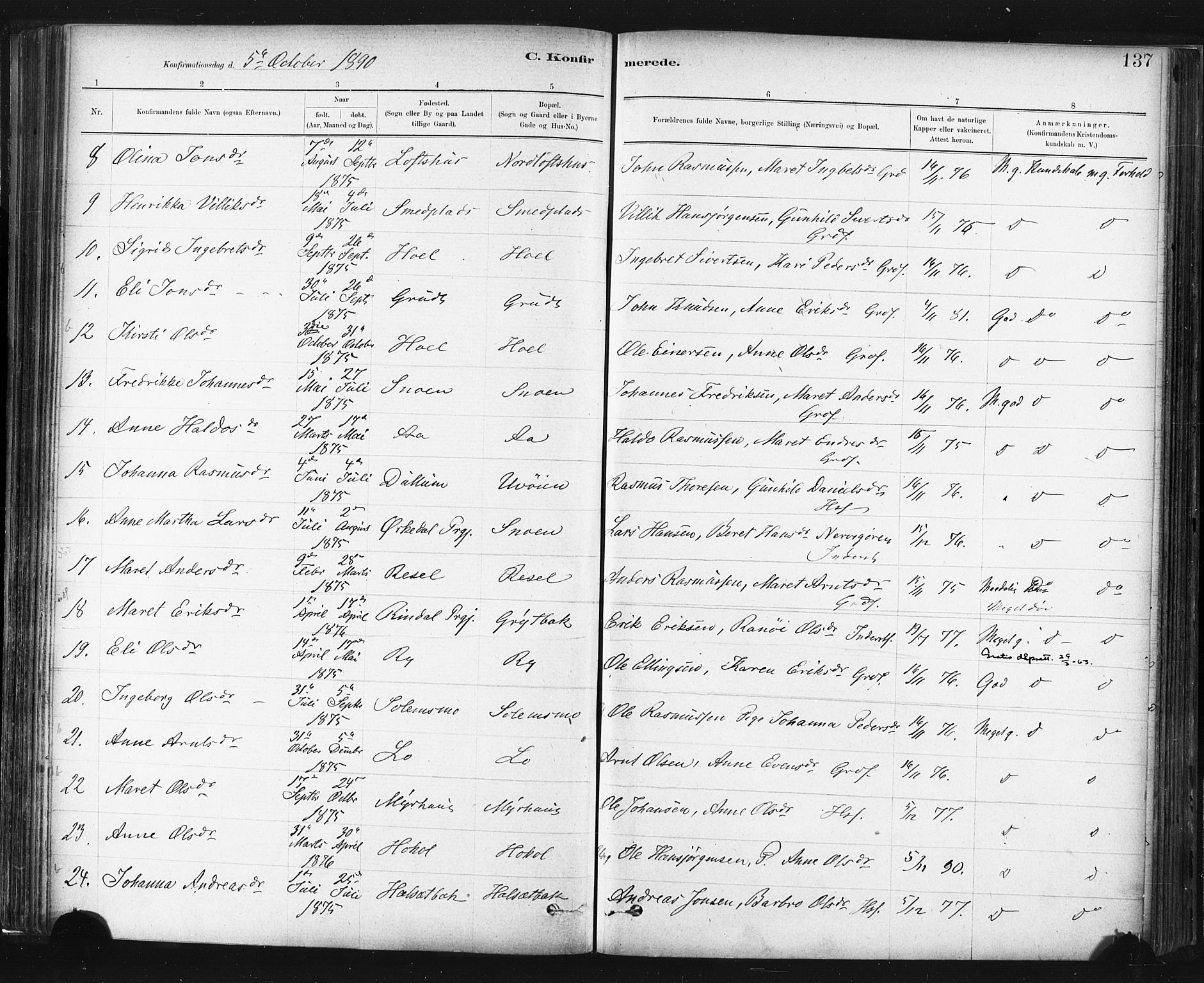 Ministerialprotokoller, klokkerbøker og fødselsregistre - Sør-Trøndelag, SAT/A-1456/672/L0857: Ministerialbok nr. 672A09, 1882-1893, s. 137