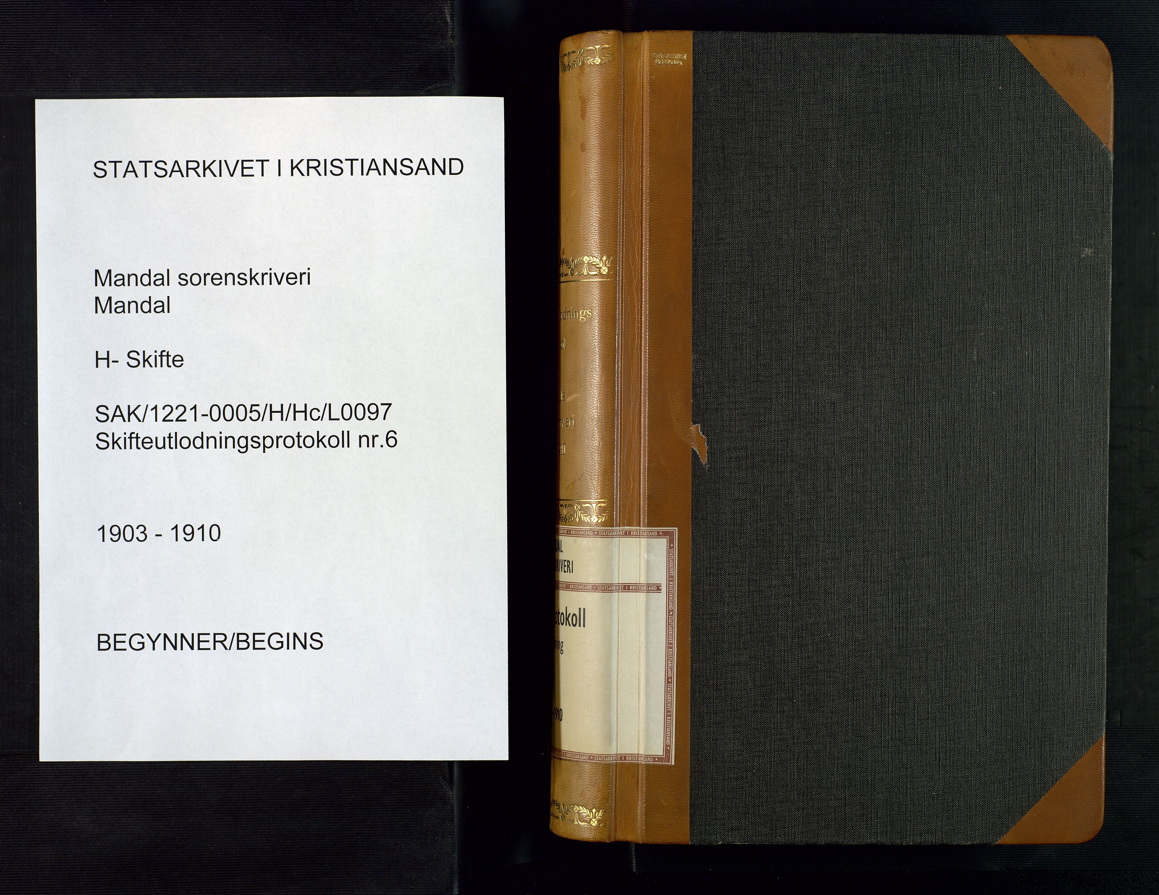 Mandal sorenskriveri, SAK/1221-0005/001/H/Hc/L0097: Skifteutlodningsprotokoll nr 6 med register, 1903-1910