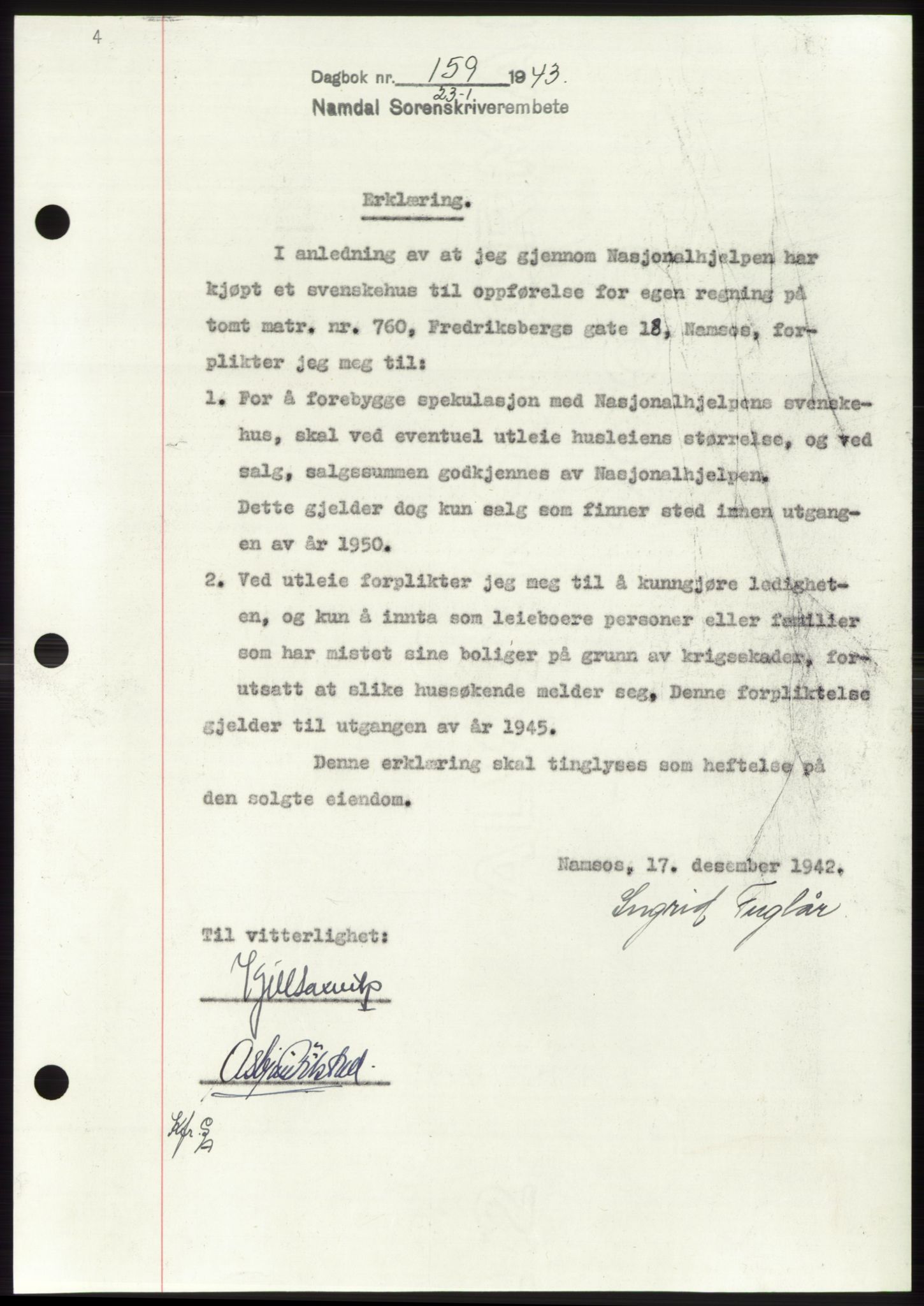 Namdal sorenskriveri, SAT/A-4133/1/2/2C: Pantebok nr. -, 1942-1943, Dagboknr: 159/1943