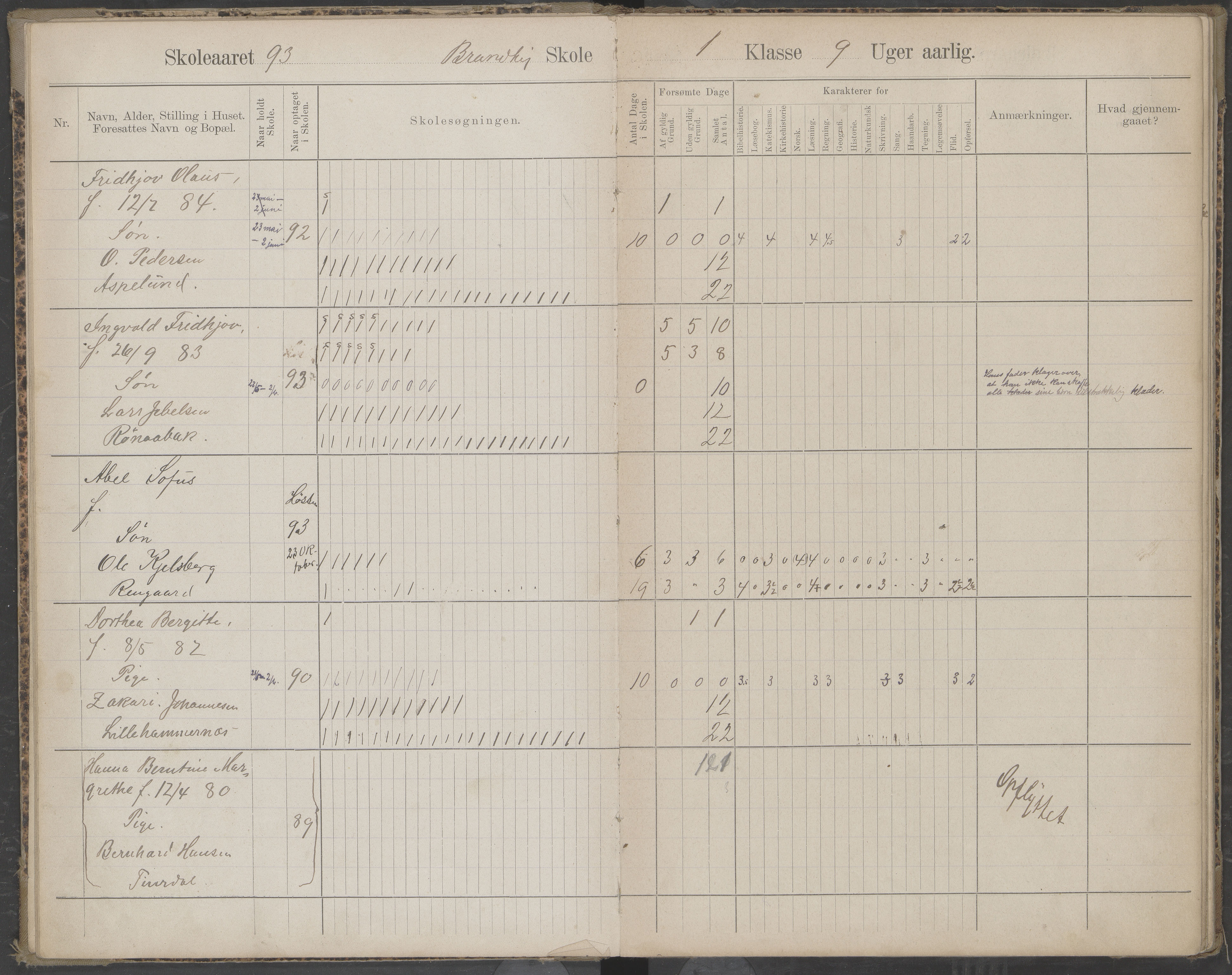 Beiarn kommune. Brandhei skolekrets, AIN/K-18390.510.03/442/L0003: Karakter/oversiktsprotokoll, 1893-1910