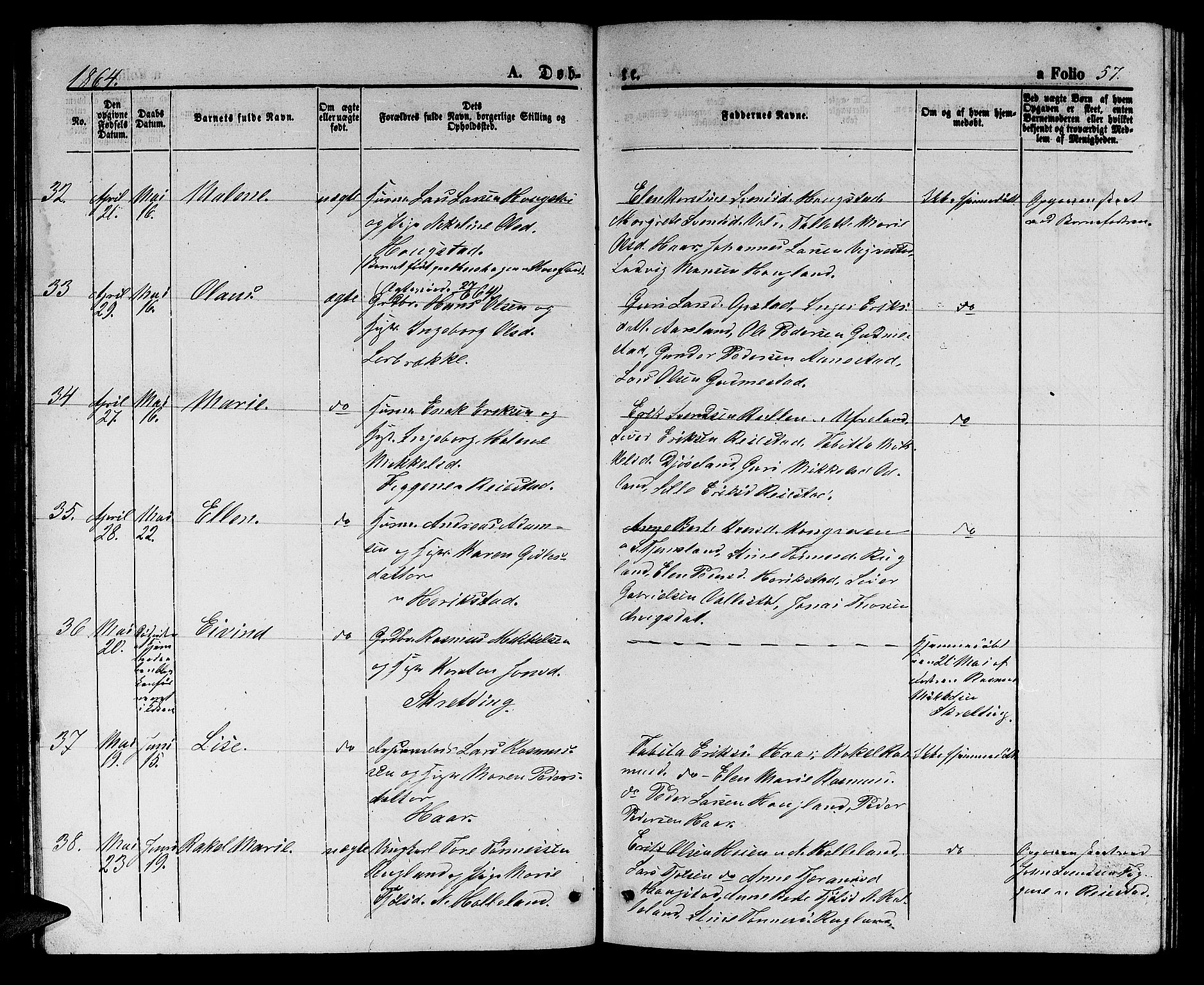 Hå sokneprestkontor, AV/SAST-A-101801/001/30BB/L0002: Klokkerbok nr. B 2, 1854-1883, s. 57