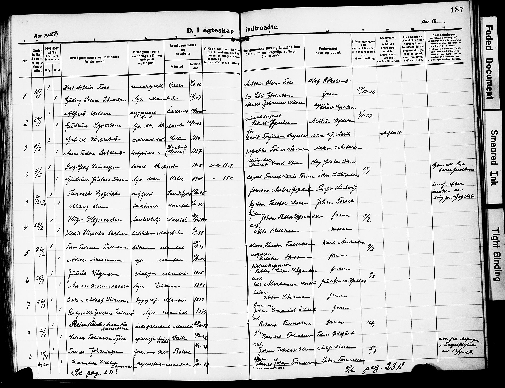 Mandal sokneprestkontor, AV/SAK-1111-0030/F/Fb/Fbc/L0001: Klokkerbok nr. B 1, 1918-1931, s. 187