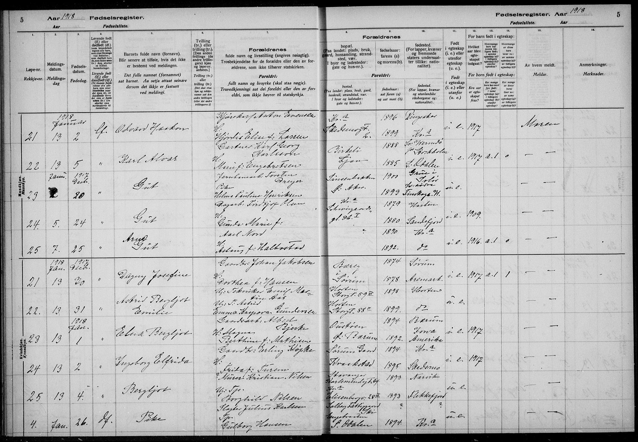 Rikshospitalet prestekontor Kirkebøker, AV/SAO-A-10309b/J/L0003: Fødselsregister nr. 3, 1918-1918, s. 5