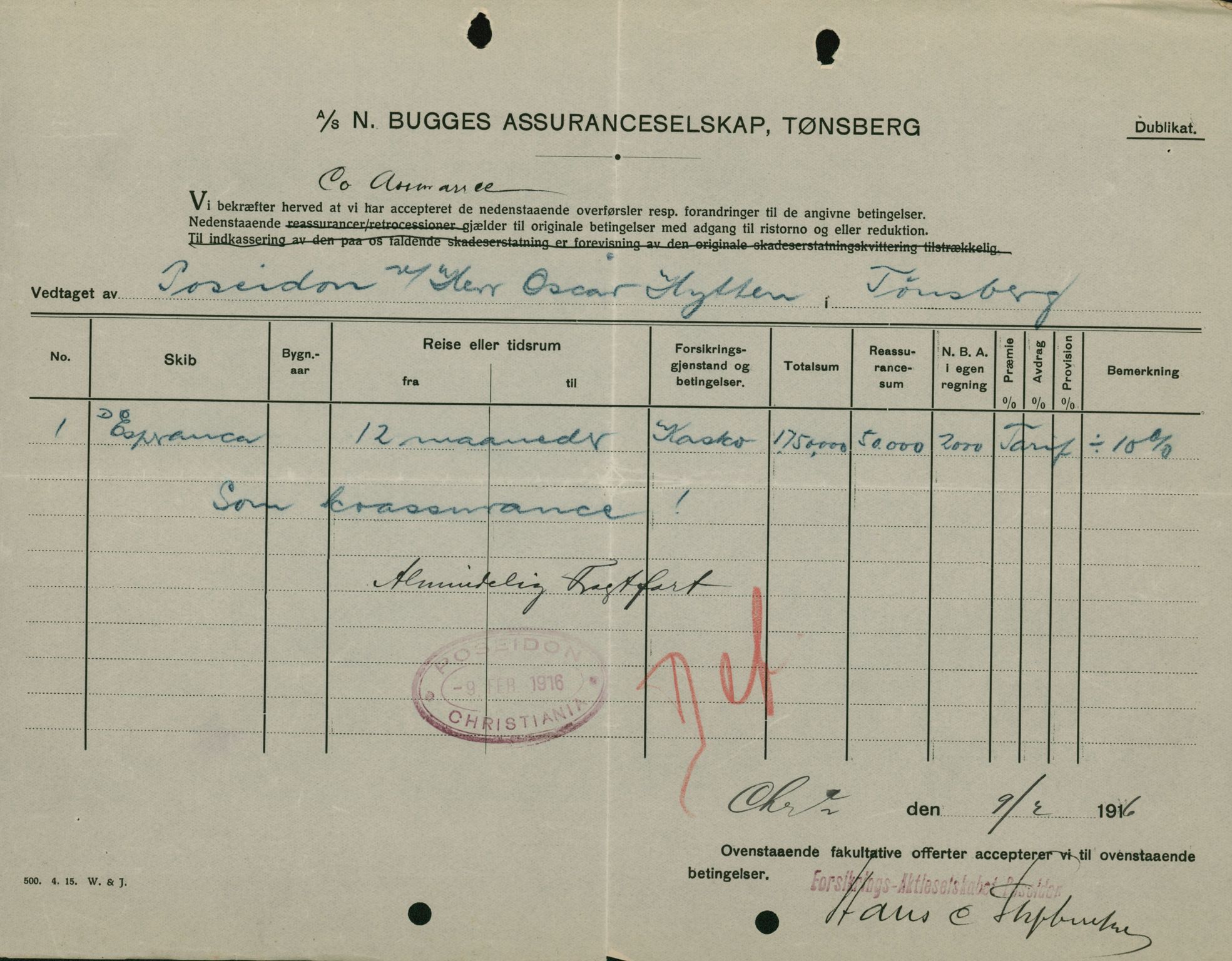 Pa 664 - Tønsberg Sjøforsikringsselskap, VEMU/A-1773/F/L0001: Forsikringspoliser, 1915-1918