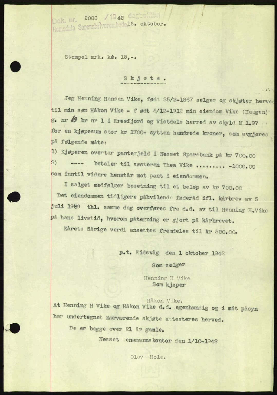 Romsdal sorenskriveri, SAT/A-4149/1/2/2C: Pantebok nr. A13, 1942-1943, Dagboknr: 2088/1942