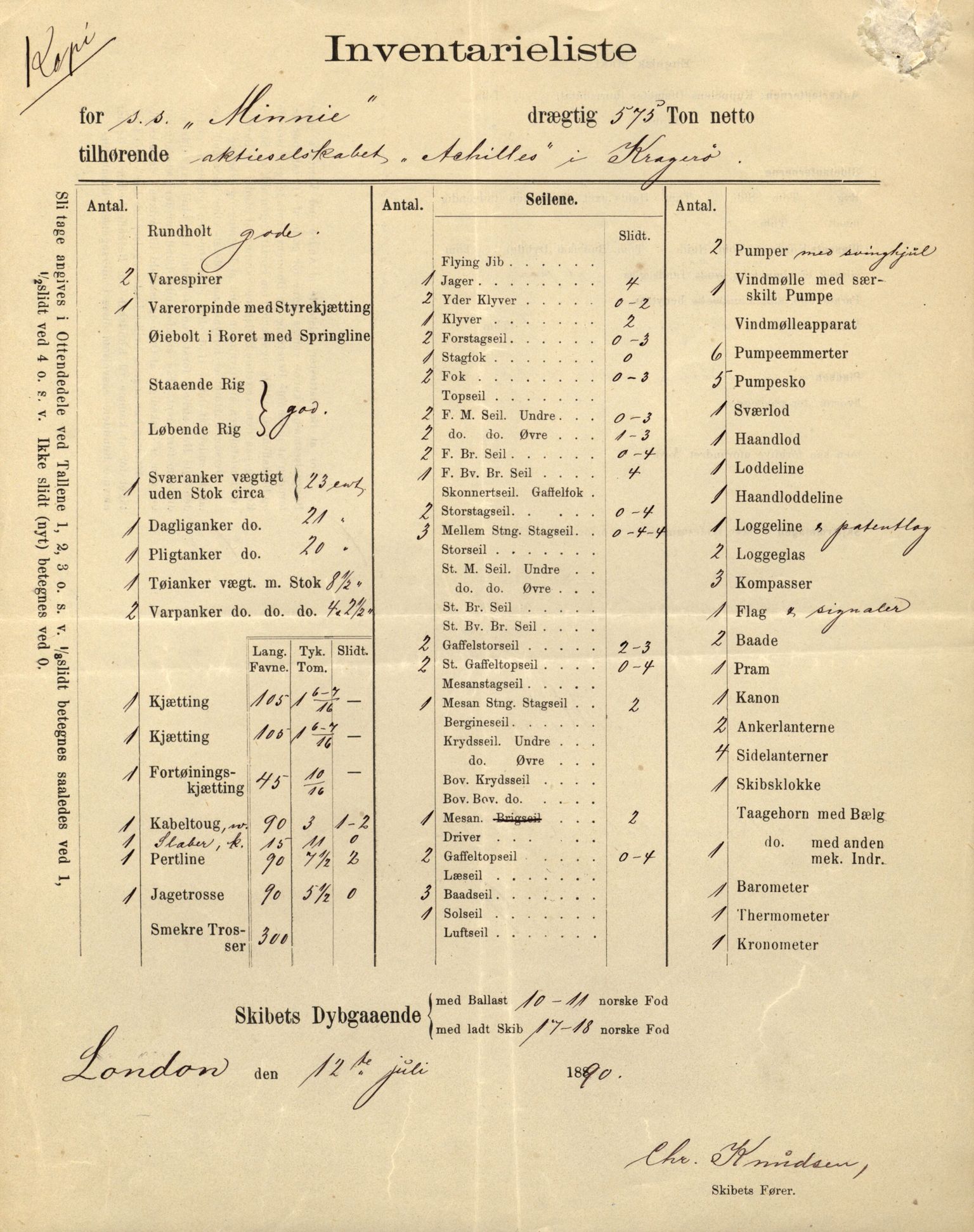 Pa 63 - Østlandske skibsassuranceforening, VEMU/A-1079/G/Ga/L0027/0008: Havaridokumenter / Minnie, Esmeralda, Emil, Emmeline, 1891, s. 10