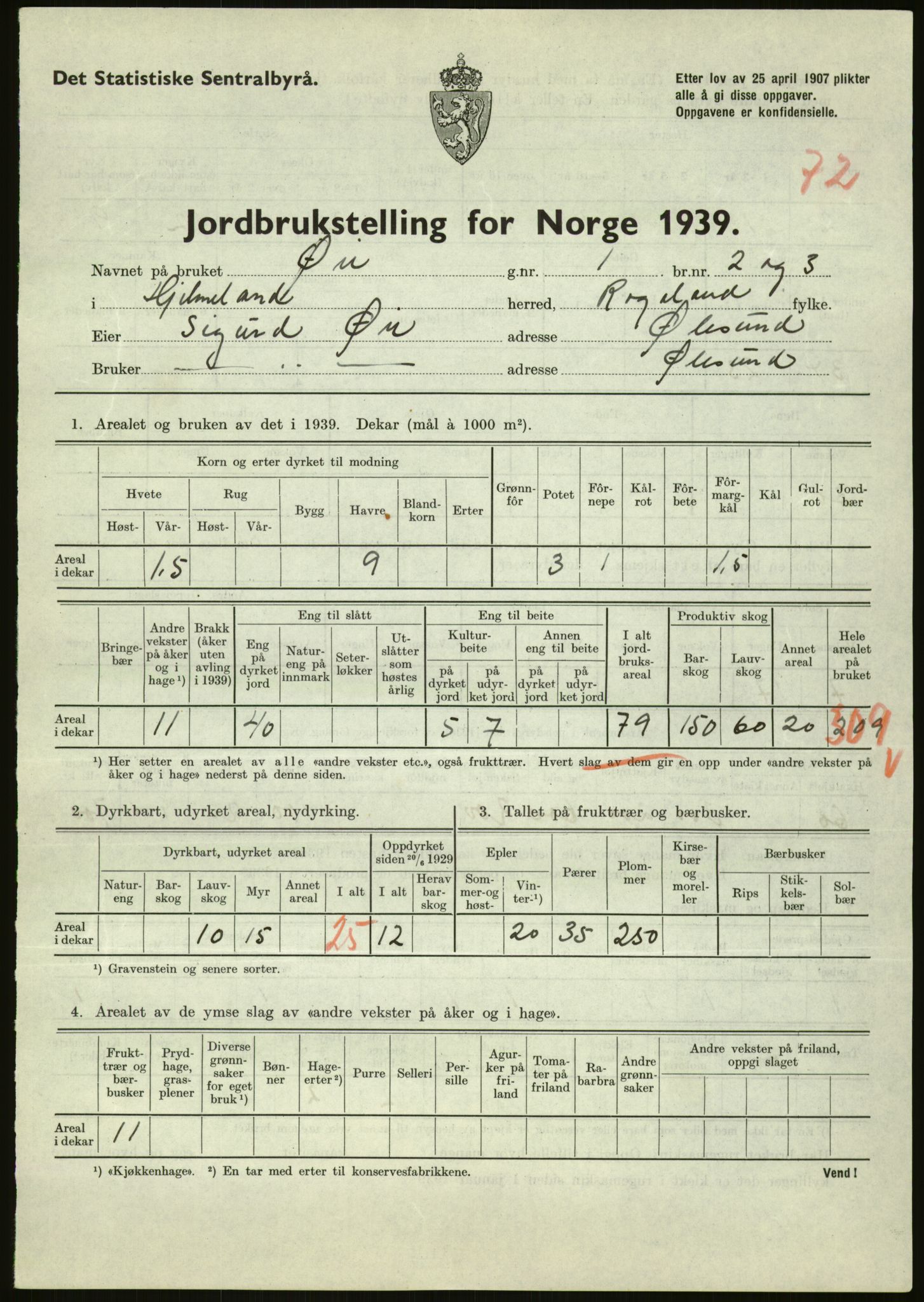 Statistisk sentralbyrå, Næringsøkonomiske emner, Jordbruk, skogbruk, jakt, fiske og fangst, AV/RA-S-2234/G/Gb/L0184: Rogaland: Årdal, Fister og Hjelmeland, 1939, s. 1599