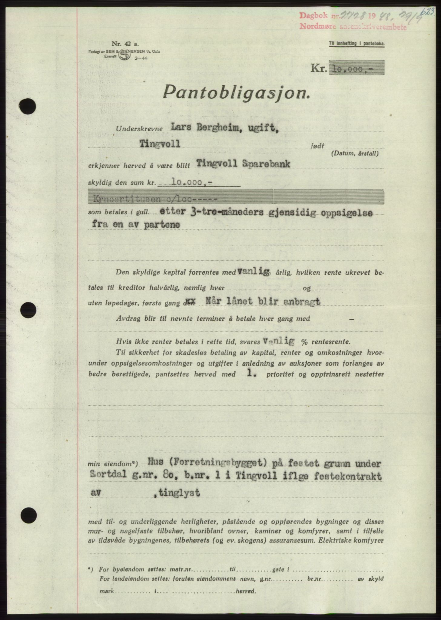 Nordmøre sorenskriveri, AV/SAT-A-4132/1/2/2Ca: Pantebok nr. B99, 1948-1948, Dagboknr: 2728/1948