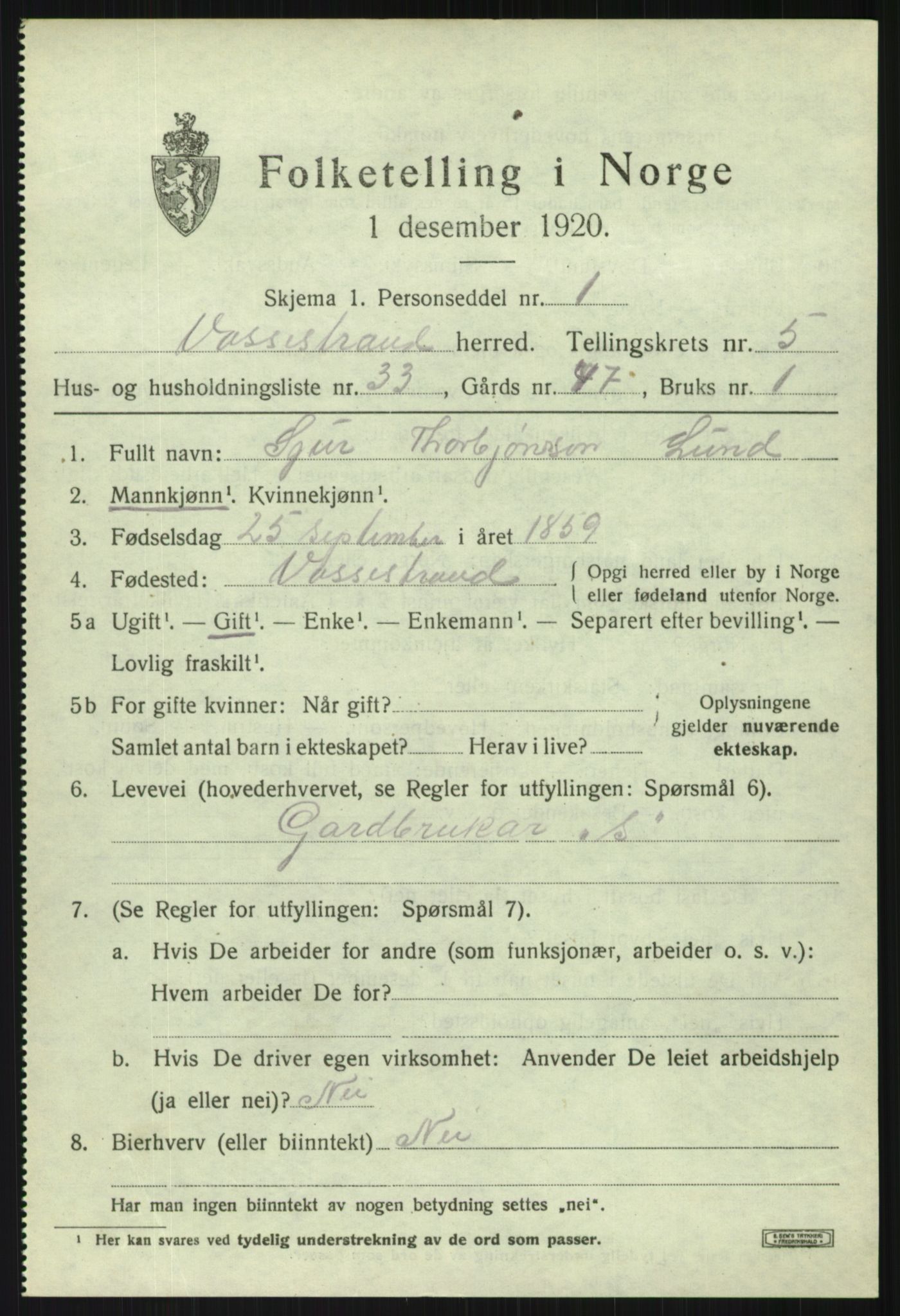 SAB, Folketelling 1920 for 1236 Vossestrand herred, 1920, s. 2768