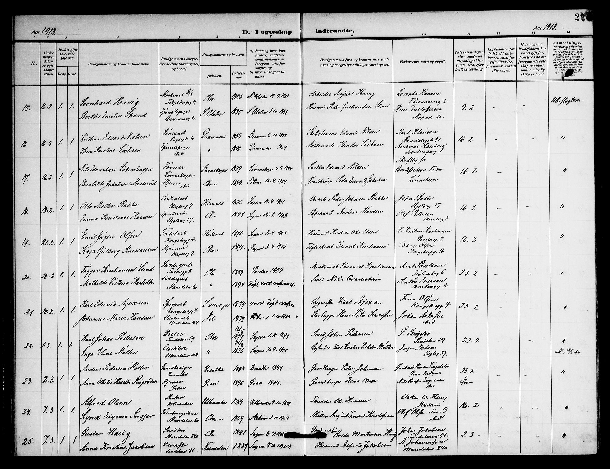 Sagene prestekontor Kirkebøker, AV/SAO-A-10796/F/L0009: Ministerialbok nr. 9, 1911-1920, s. 22