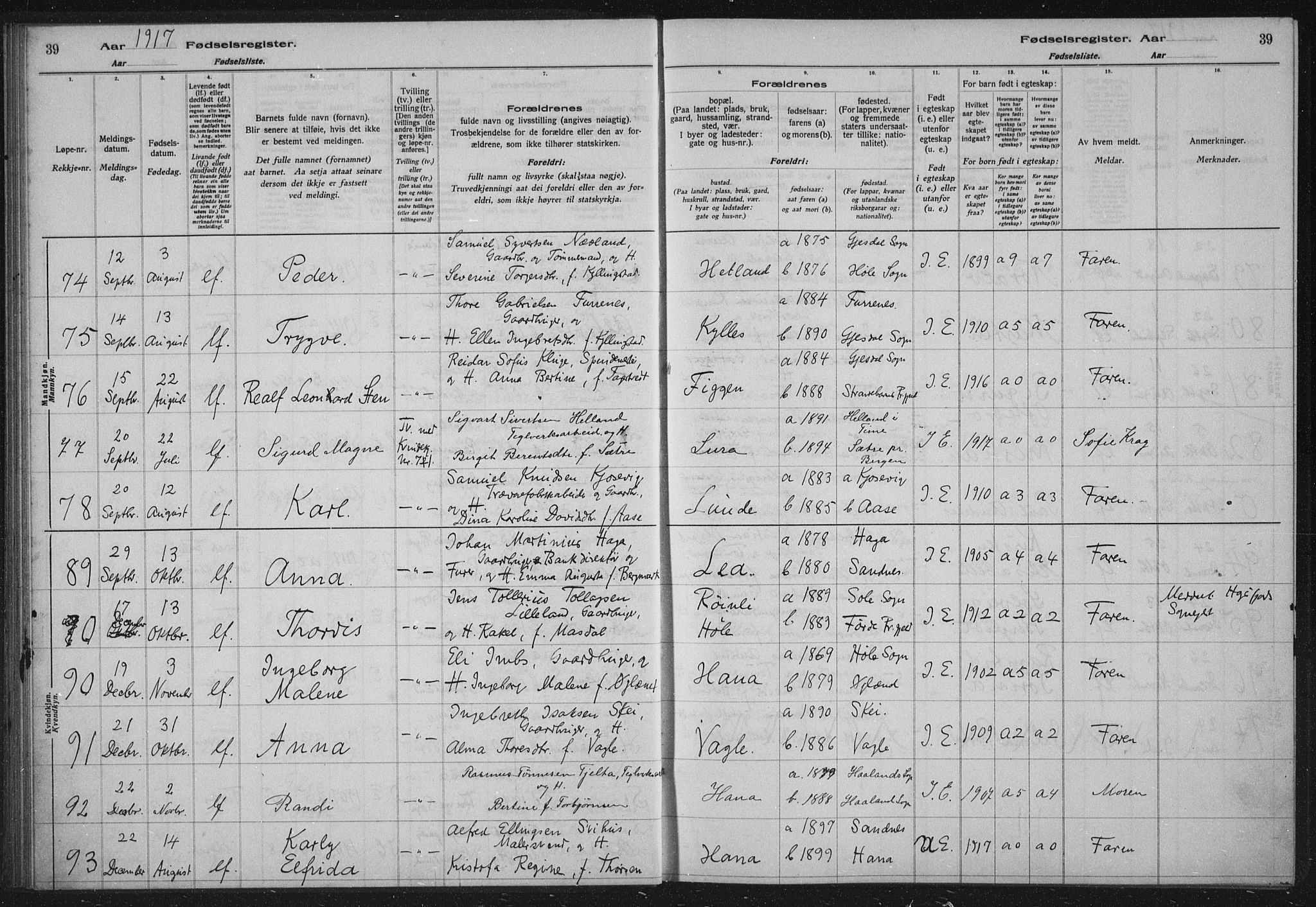 Høyland sokneprestkontor, AV/SAST-A-101799/002/O/L0001: Fødselsregister nr. 1, 1916-1924, s. 39