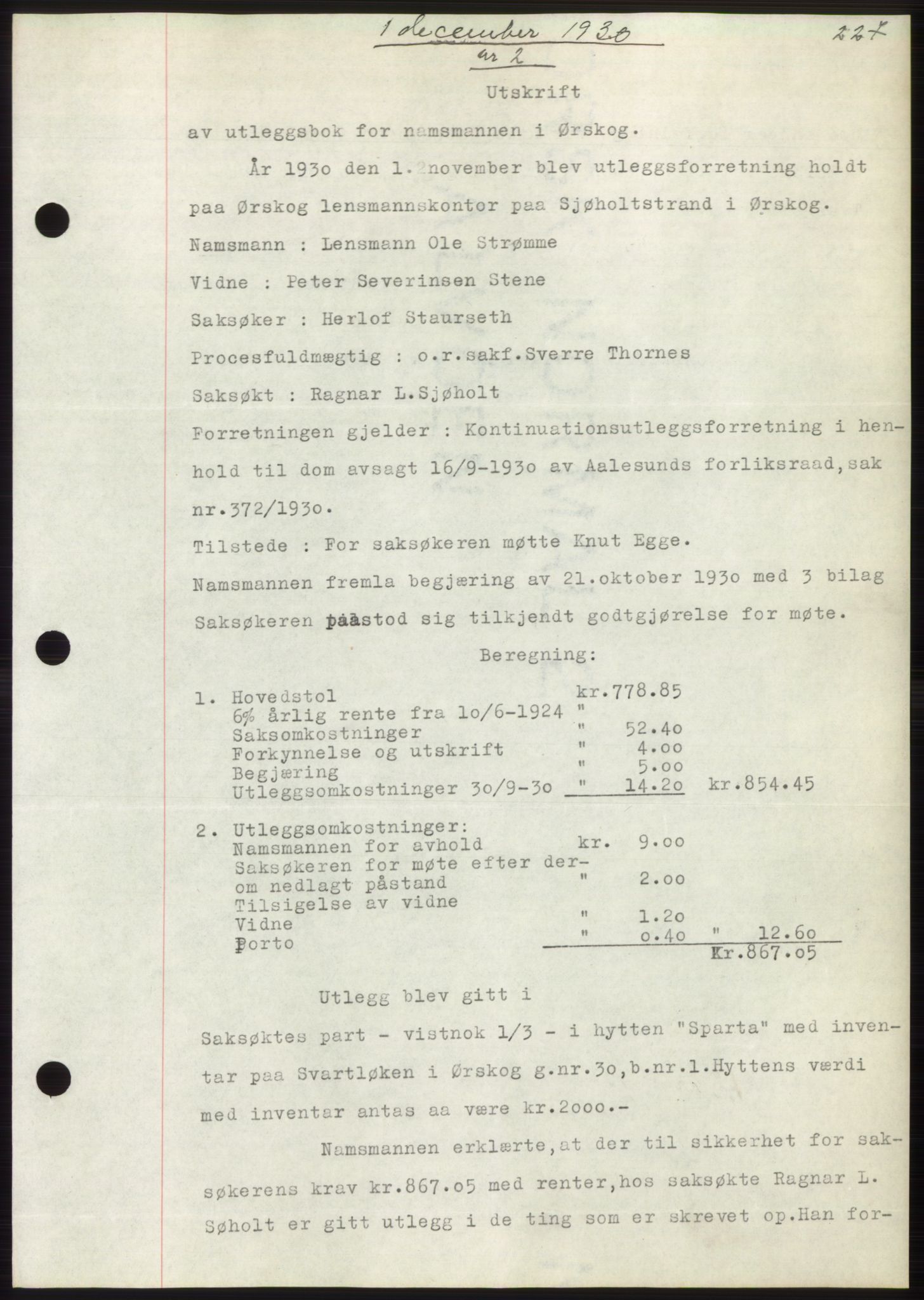 Nordre Sunnmøre sorenskriveri, SAT/A-0006/1/2/2C/2Ca/L0047: Pantebok nr. 47, 1930-1931, Tingl.dato: 01.12.1930