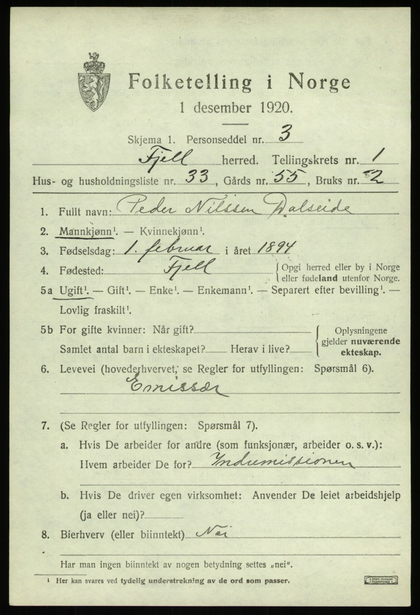 SAB, Folketelling 1920 for 1246 Fjell herred, 1920, s. 1880